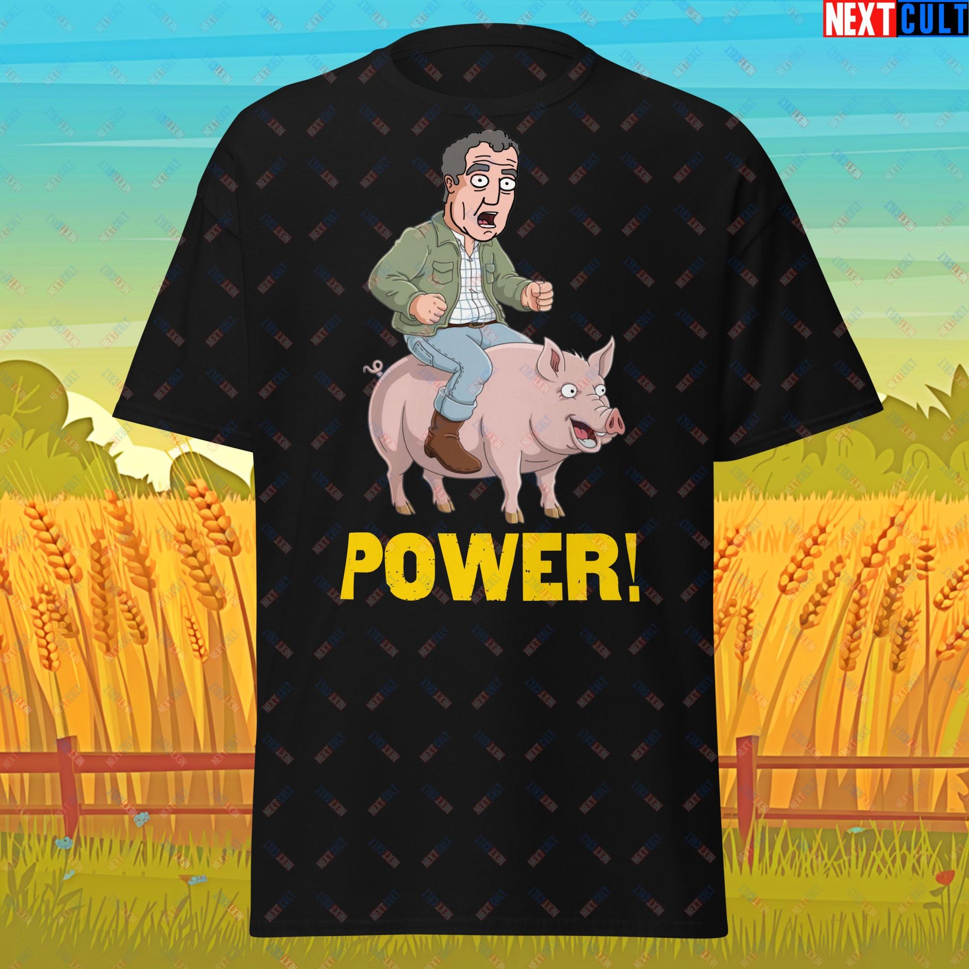 Power Pig Farming Jeremy Clarkson's Farm Diddly Squat Grand Tour Top Gear Funny Meme Cartoon Unisex tee Black T-shirts Clarkson's Farm Grand Tour Jeremy Clarkson Top Gear TV Shows Next Cult Brand