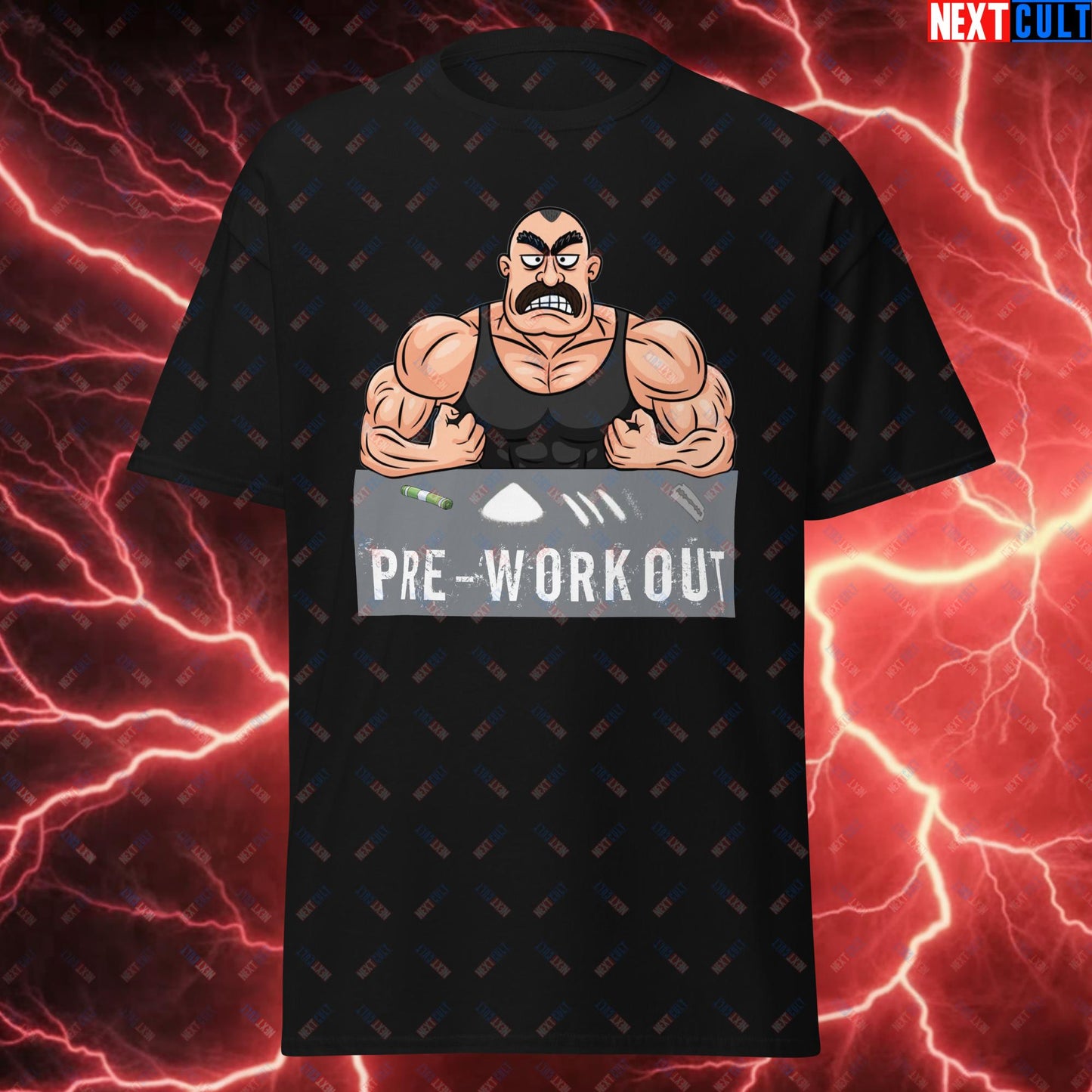 I Love Pre-workout Gym Bro Fitness Bodybuilding Workout Weightlifting Powerlifting Funny Meme Cartoon Unisex tee Black T-shirts Fitness Gym Pump Cover Workout Next Cult Brand