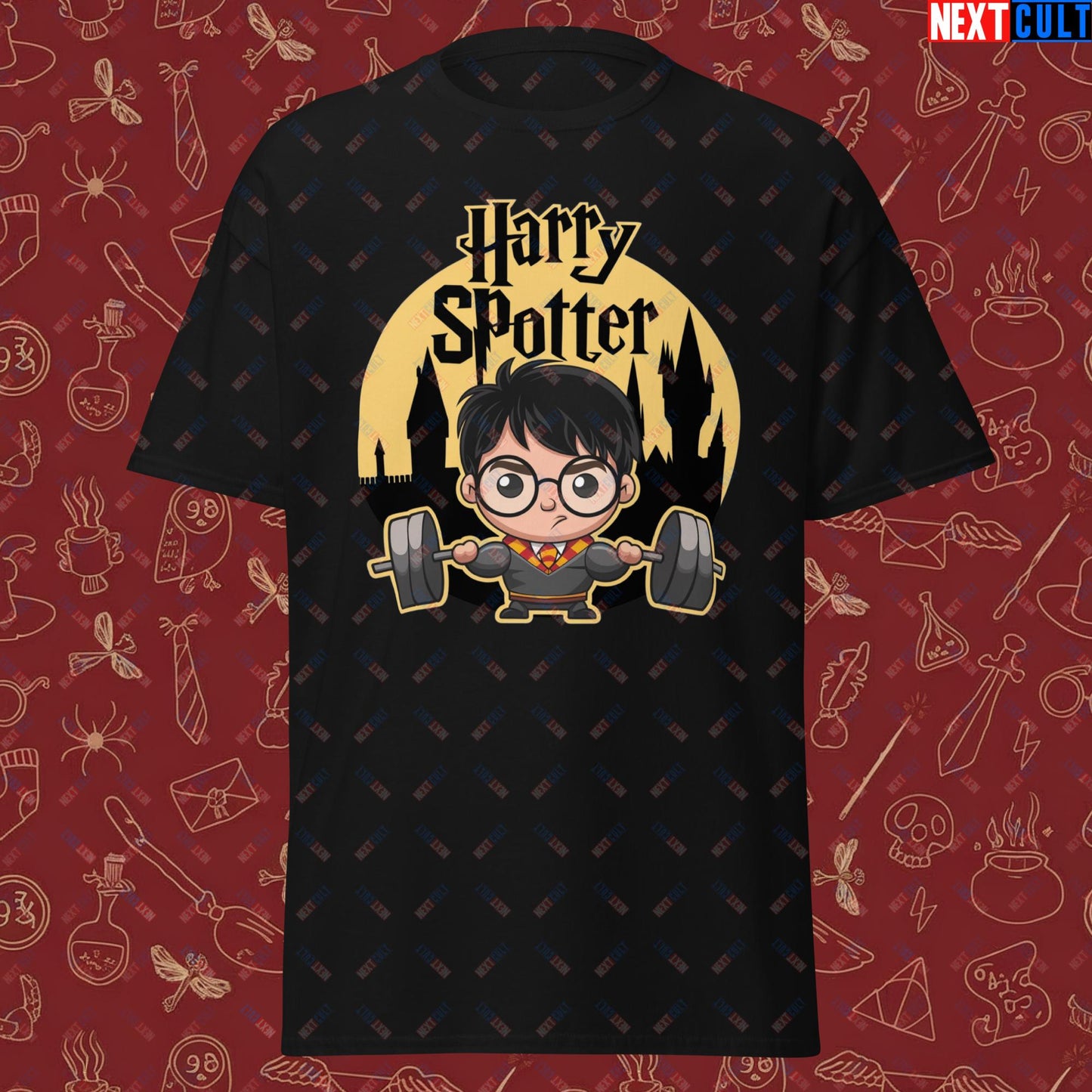 Harry Spotter Funny Gym Meme Weightlifting Bodybuilding Fitness Workout Unisex classic tee Black T-shirts Bodybuilding Books Fitness Gym Harry Potter Powerlifting Pump Cover TV Workout Next Cult Brand