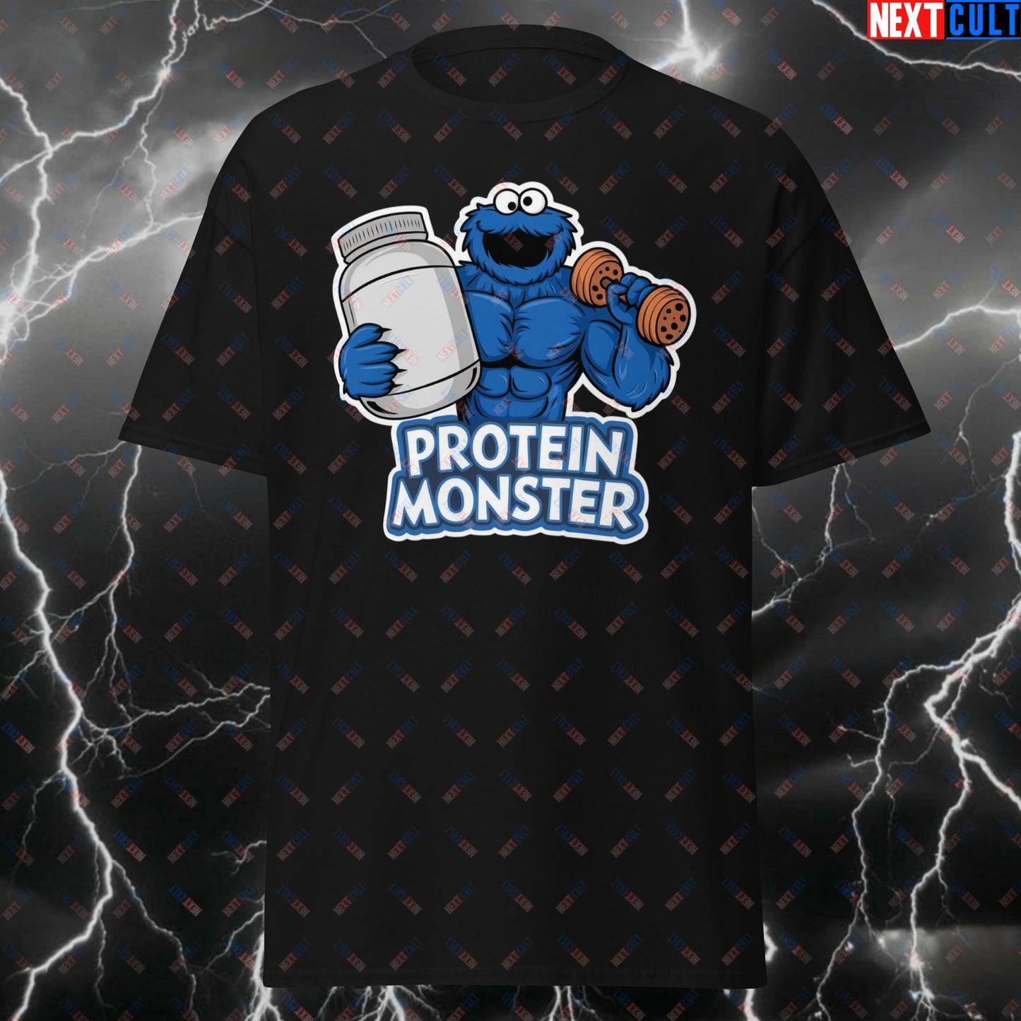 Protein Monster Gym T-Shirt - Funny Fitness Tee for Protein Lovers, Lifters & Gym Bros - Meme Workout Tshirt for Gains Black T-shirts Bodybuilding Cookie Monster Fitness Gym Pump Cover TV Workout Next Cult Brand