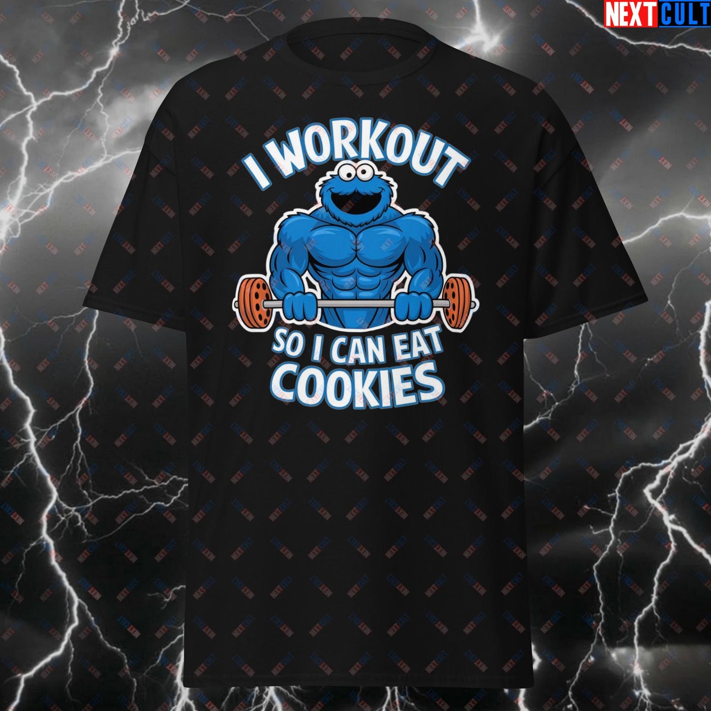 Funny Gym T-Shirt - I Workout So I Can Eat Cookies Tee - Fitness Meme Tshirt for Lifters, Bodybuilding & Gym Bros T-shirts Bodybuilding Bulking Cookie Monster Fast Food Fitness Gym Powerlifting Pump Cover TV Workout Next Cult Brand
