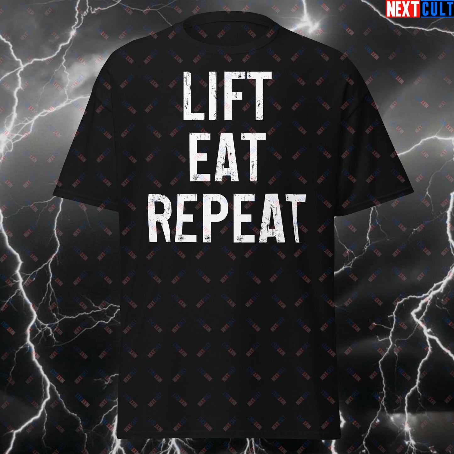 Lift Eat Repeat Gym T-Shirt - Funny Workout Tee for Weightlifting & Bodybuilding - Fitness Meme Tshirt for Gym Bros & Gains T-shirts Bodybuilding Fast Food Fitness Gym Powerlifting Pump Cover Workout Next Cult Brand