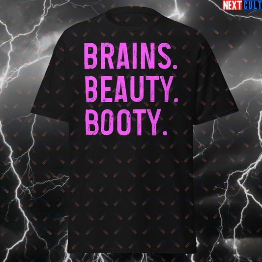 Brains Beauty Booty Gym T-Shirt - Funny Workout Tee for Lifters, Bodybuilding Gains & Glutes Meme Tshirt Black T-shirts Bodybuilding Fitness Gym Leg Day Pump Cover Workout Next Cult Brand