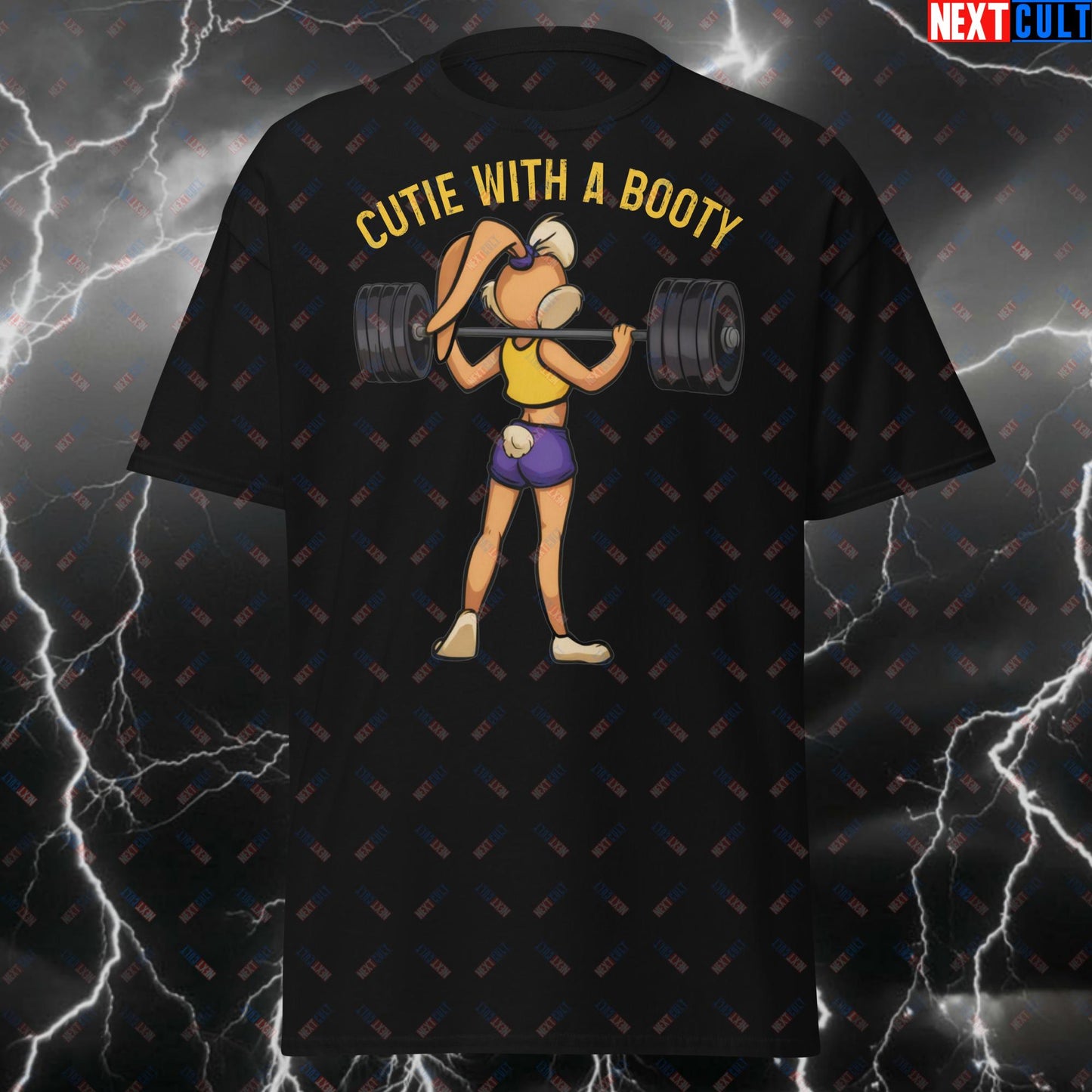 Funny Gym Bunny T-Shirt - Cutie With A Booty Workout Tee for Women - Squats & Gains Fitness Meme Pump Cover Top for Leg Day T-shirts Bodybuilding Fitness Gym Leg Day Powerlifting Pump Cover TV Workout Next Cult Brand