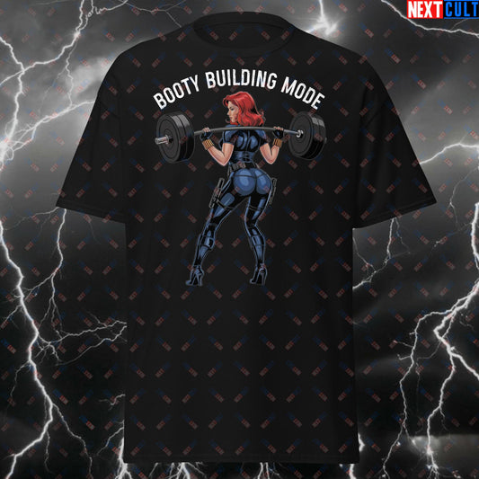 Booty Building Mode Gym Girl T-Shirt - Funny Bootybuilder Tee for Leg Day, Squats & Gains - Gym Superhero Meme for Lifters T-shirts Avengers Black Widow Bodybuilding Films Fitness Gym Leg Day Powerlifting Pump Cover Superheroes Workout Next Cult Brand