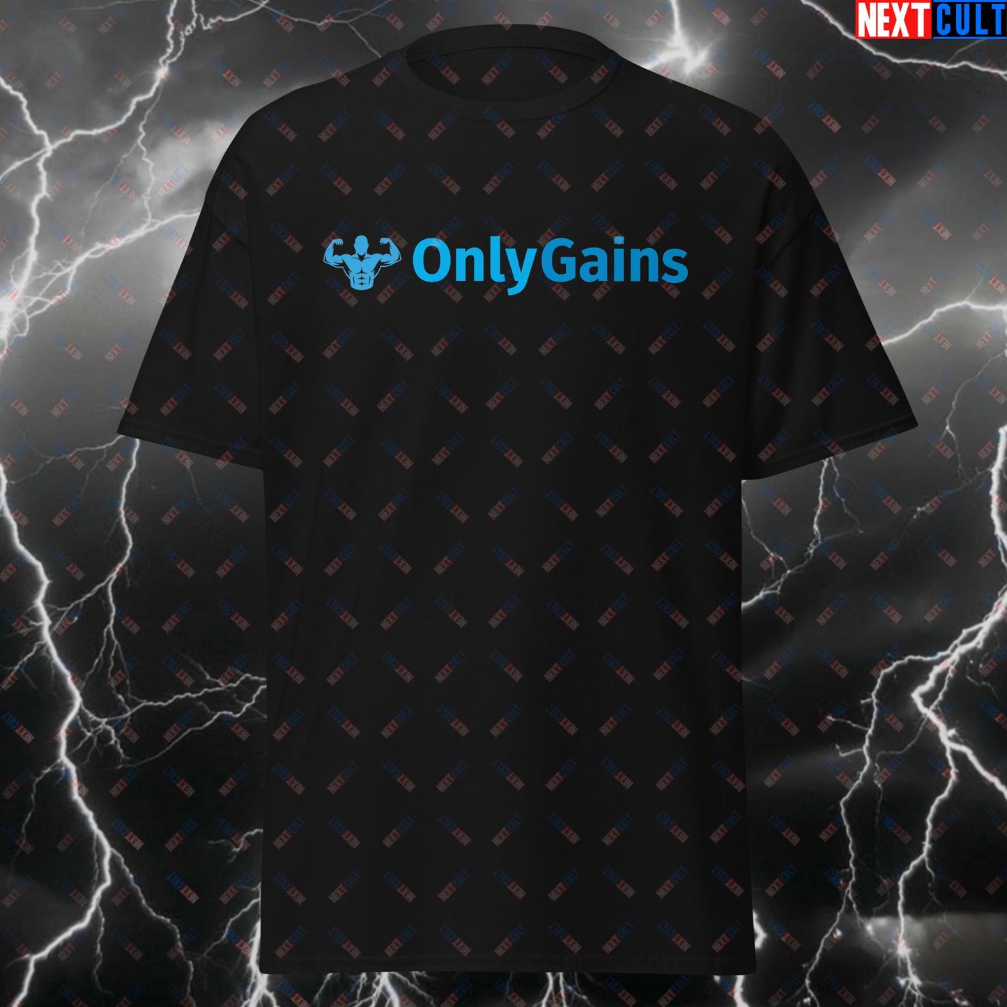 OnlyGains Only Gains Gym Meme T-Shirt - Funny Workout Tee for Lifters, Pump Cover Top for Bodybuilding & Powerlifting Gains T-shirts Bodybuilding Fitness Gym OnlyFans Pump Cover Workout Next Cult Brand