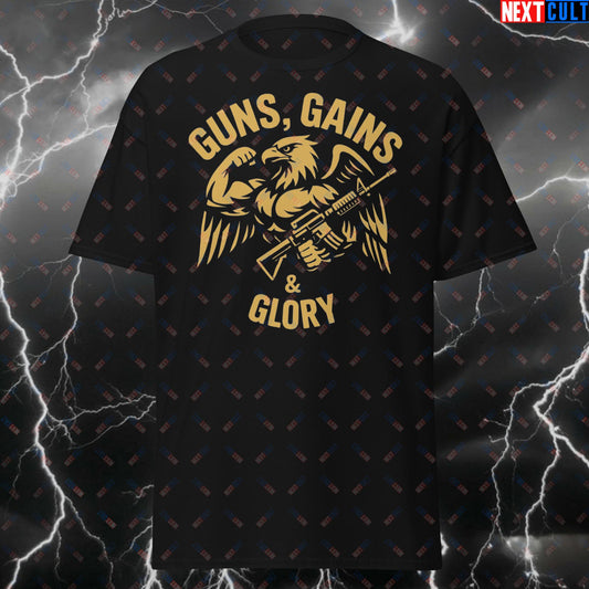 Guns Gains Glory Funny Gym T-Shirt – Eagle Powerlifting Tee for Lifters, Gymbro Pump Cover & Fitness Meme Tshirt T-shirts 4th of July Bodybuilding Fitness Gym Pump Cover Workout Next Cult Brand