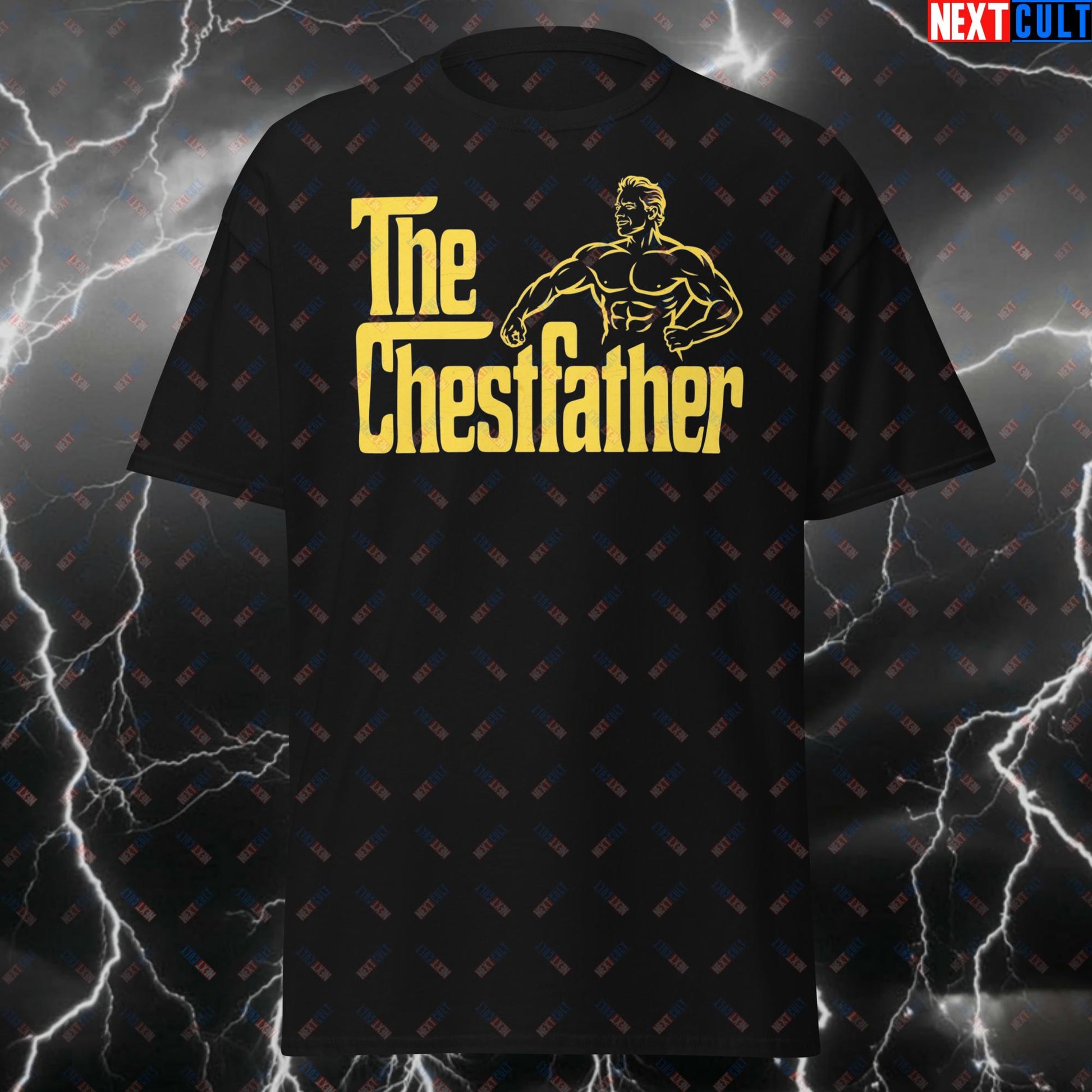 The Chestfather Arnold Pump Cover T-Shirt - Big Chest Gym Tee for Lifters, Bodybuilding Meme Shirt, Funny Shirt for Chest Day T-shirts Arnold Schwarzenegger Bodybuilding Films Fitness Gym Powerlifting Pump Cover Workout Next Cult Brand