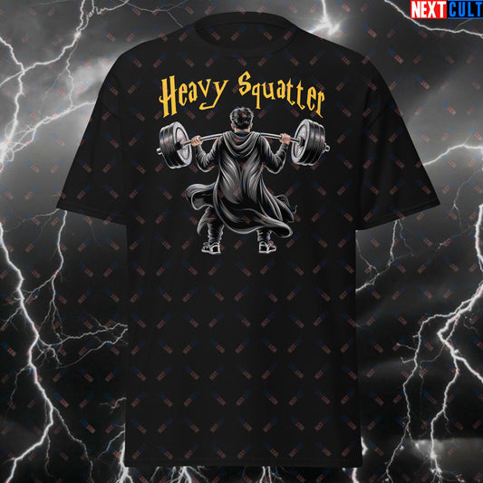 Heavy Squatter Funny Gym Meme T-Shirt – Squats & Gains Workout Tee for Leg Day – Gym Wizard Powerlifting Pump Cover Top T-shirts Bodybuilding Books Films Fitness Gym Harry Potter Leg Day Powerlifting Pump Cover Workout Next Cult Brand