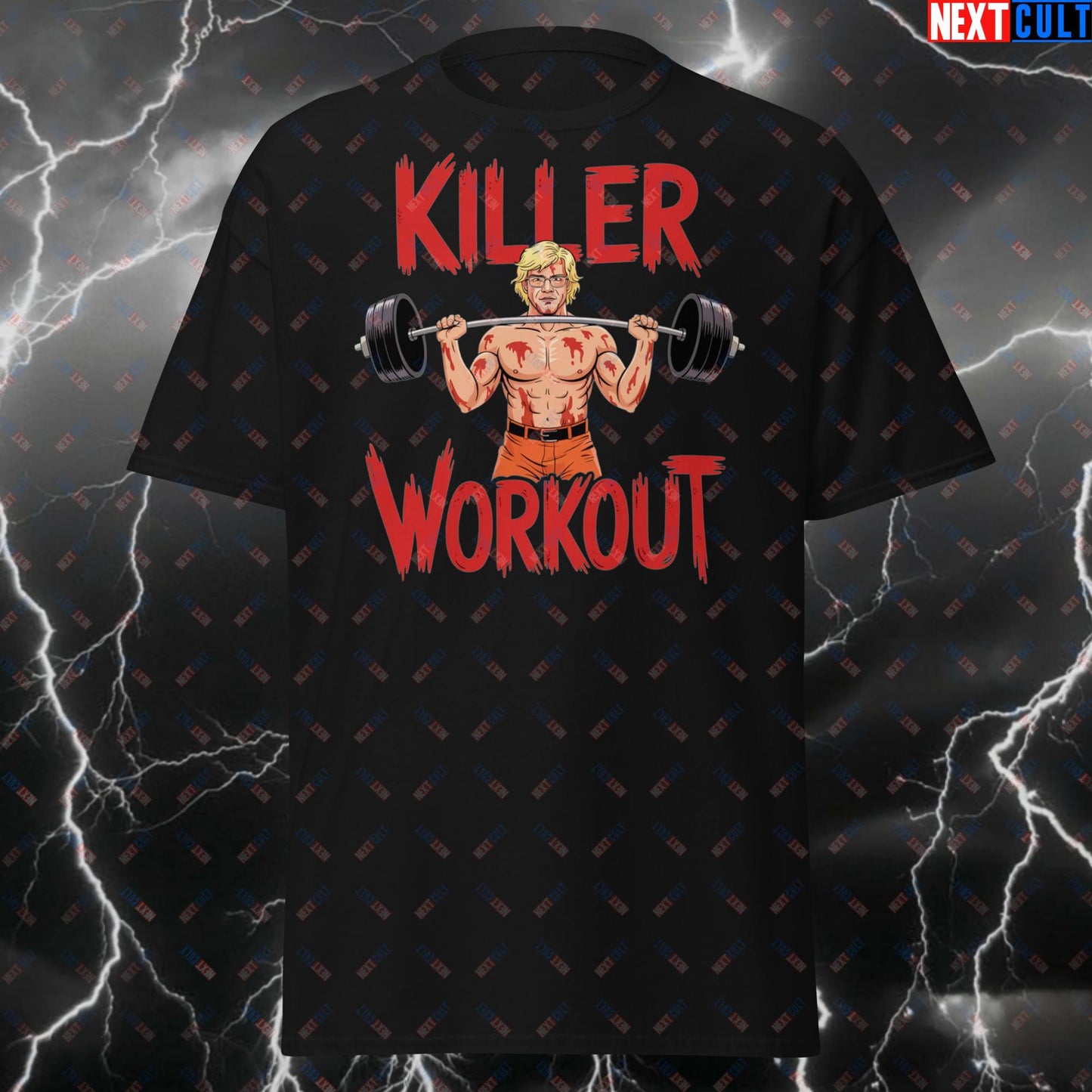 Killer Workout Horror Gym T-Shirt - Scary Creepy Dahmer Meme Tee for Lifters, Bodybuilding & Halloween Pump Cover Top T-shirts Bodybuilding Fitness Gym Halloween Pump Cover TV Workout Next Cult Brand