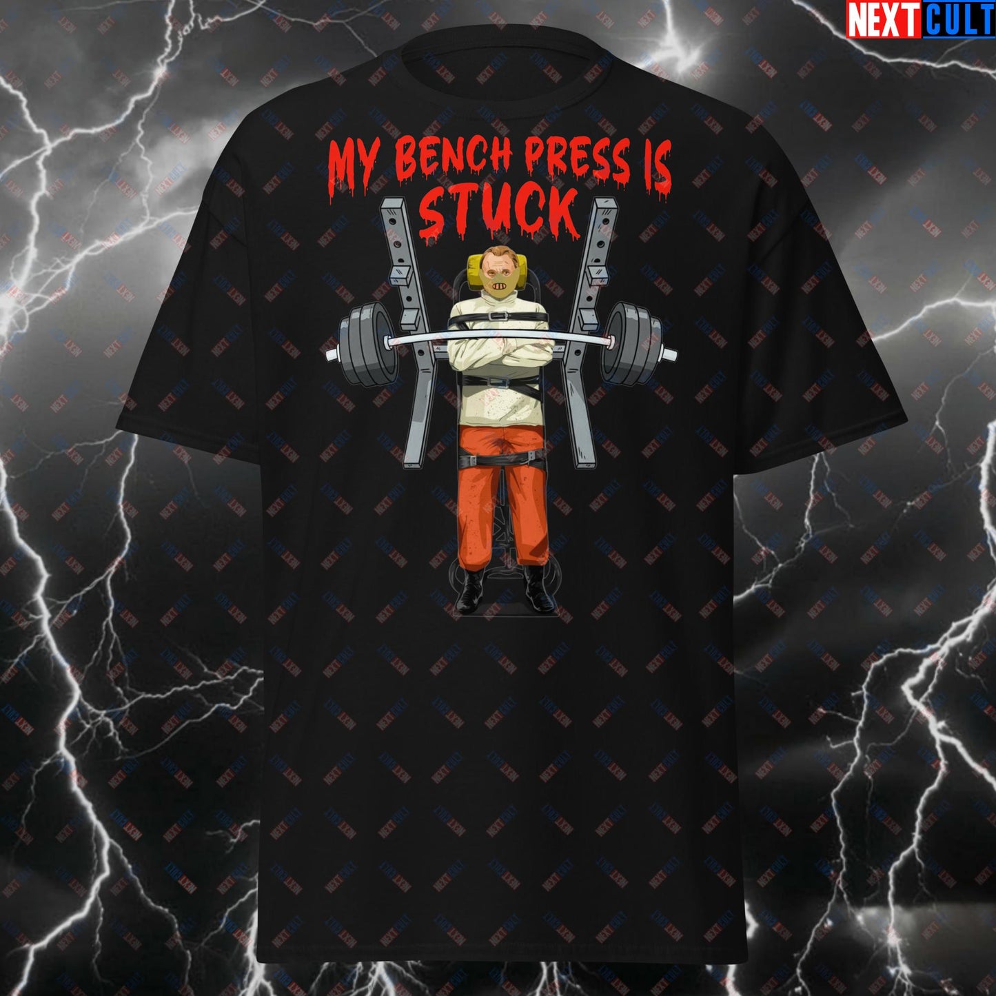 My Bench Press is Stuck Funny Horror Gym T-Shirt - Scary Cannibal Meme Tee for Lifters, Powerlifting & Halloween Pump Cover T-shirts Bodybuilding Films Fitness Gym Halloween Powerlifting Pump Cover Workout Next Cult Brand
