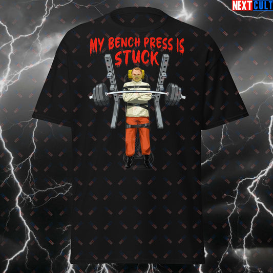 My Bench Press is Stuck Funny Horror Gym T-Shirt - Scary Cannibal Meme Tee for Lifters, Powerlifting & Halloween Pump Cover T-shirts Bodybuilding Films Fitness Gym Halloween Powerlifting Pump Cover Workout Next Cult Brand