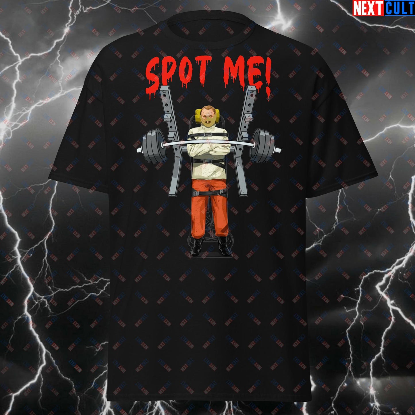 Spot Me Horror T-Shirt – Funny Scary Gym Meme Tee for Lifters, Bench Press Pump Cover & Fitness Halloween Top T-shirts Bodybuilding Films Fitness Gym Halloween Powerlifting Pump Cover Workout Next Cult Brand