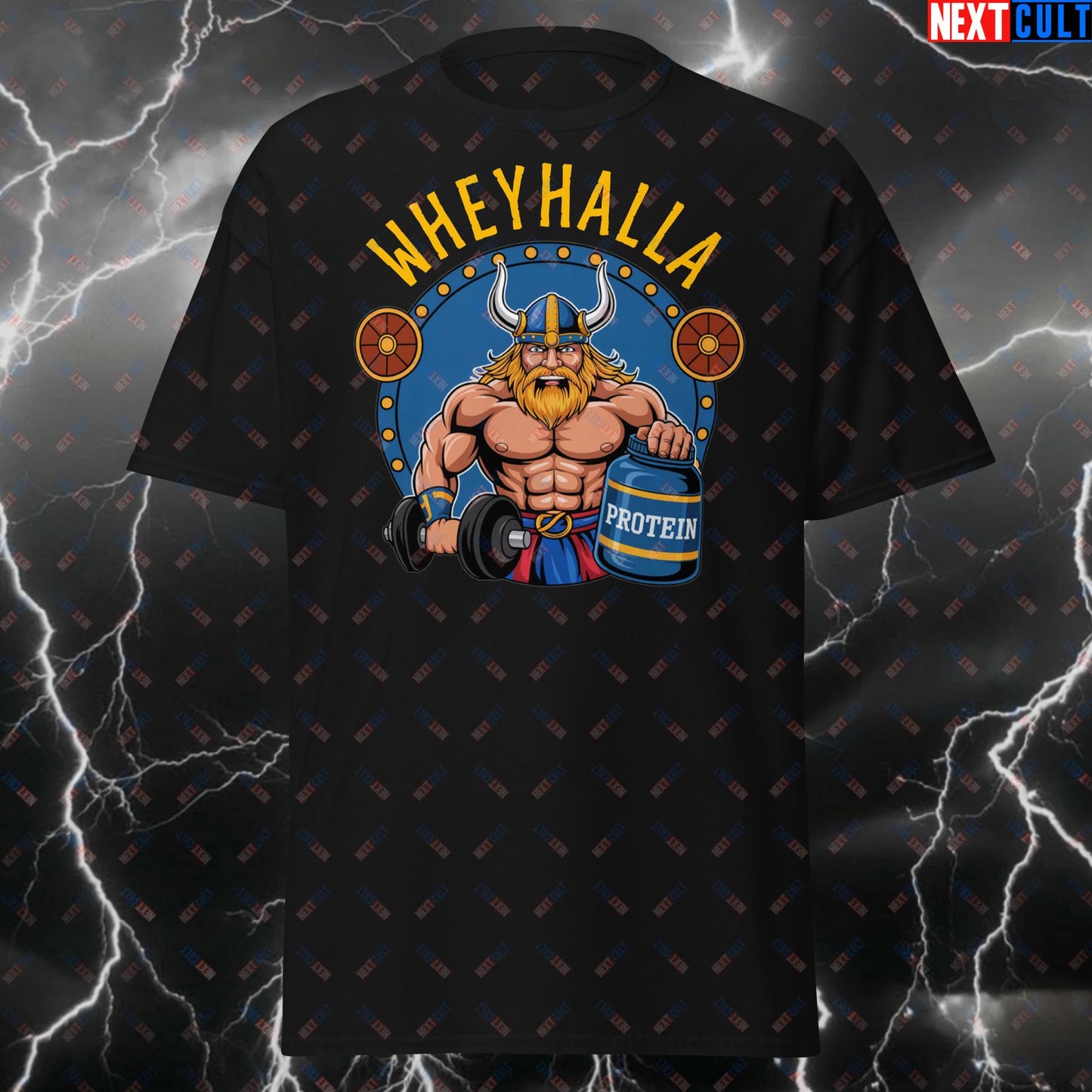 Wheyhalla Viking Protein T-Shirt - Funny Gym Meme Tee for Fitness Lovers, Lifters & Bodybuilding Gains - Pump Cover Top T-shirts Bodybuilding Fitness Gym Pump Cover Vikings Workout Next Cult Brand