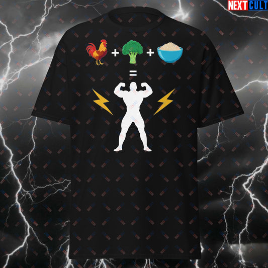 Funny Gym Bro T-Shirt - Powered By Chicken Broccoli Rice Tee | Fitness Meme Pump Cover for Lifters & Bodybuilding Gains T-shirts Bodybuilding Fast Food Fitness Gym Pump Cover Workout Next Cult Brand