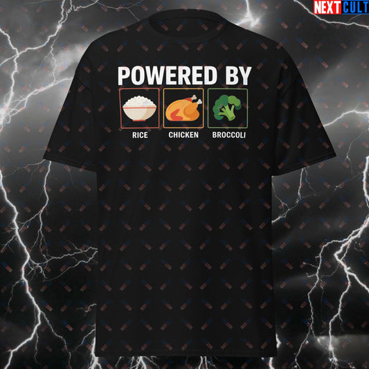 Funny Gym Bro T-Shirt - Powered By Rice Chicken Broccoli Tee | Fitness Meme Workout Top for Lifters & Bodybuilding Gains T-shirts Bodybuilding Fast Food Fitness Gym Pump Cover Workout Next Cult Brand