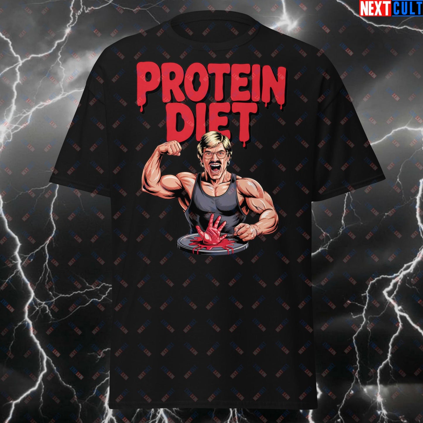 Funny Gym Meme T-Shirt - Protein Diet Cannibal Dahmer Halloween Tee for Lifters, Gymbros & Fitness Gains - Pump Cover Top T-shirts Bodybuilding Fitness Gym Halloween Pump Cover Workout Next Cult Brand
