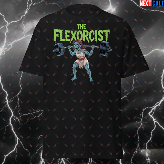 Flexorcist Funny Gym T-Shirt – Zombie Halloween Workout Tee for Lifters, Gymbro Gains Meme Pump Cover Top T-shirts Bodybuilding Films Fitness Gym Powerlifting Pump Cover Workout Next Cult Brand