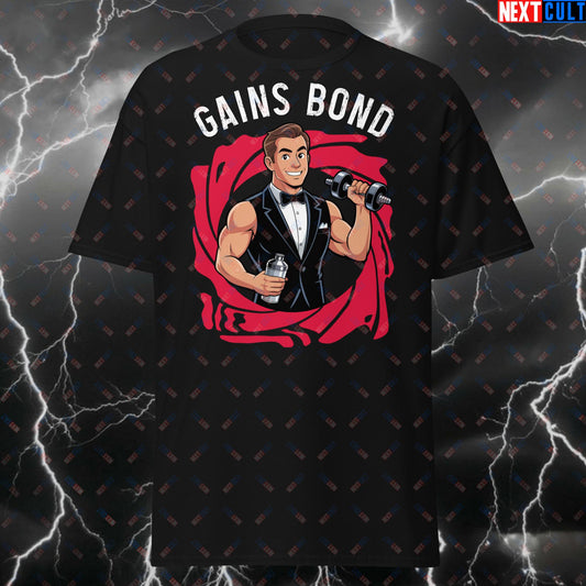 Gains Bond Secret Agent Gym T-Shirt - Funny Workout Tee for Lifters, Bodybuilding & Powerlifting Meme Pump Cover Top T-shirts Bodybuilding Films Fitness Gym James Bond Pump Cover Workout Next Cult Brand