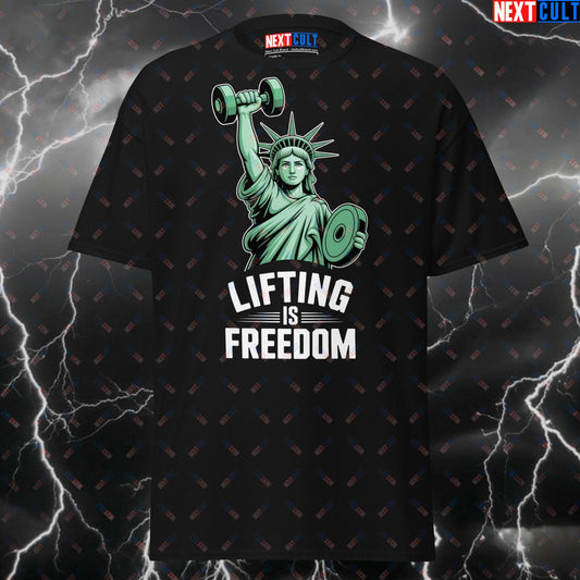 Funny Gym Shirt - Lifting is Freedom Pump Cover T-Shirt - Statue of Liberty Gym Meme Tee for Lifters & Gymbros T-shirts 4th of July Bodybuilding Fitness Gym Pump Cover Statue of Liberty Workout Next Cult Brand