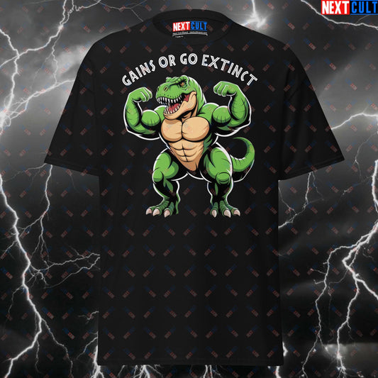 Funny Gym Shirt - Gains or Go Extinct T-Rex Dinosaur Pump Cover Tee for Lifters, Gymbro Meme Workout Fitness Top T-shirts Bodybuilding Films Fitness Gym Pump Cover Workout Next Cult Brand