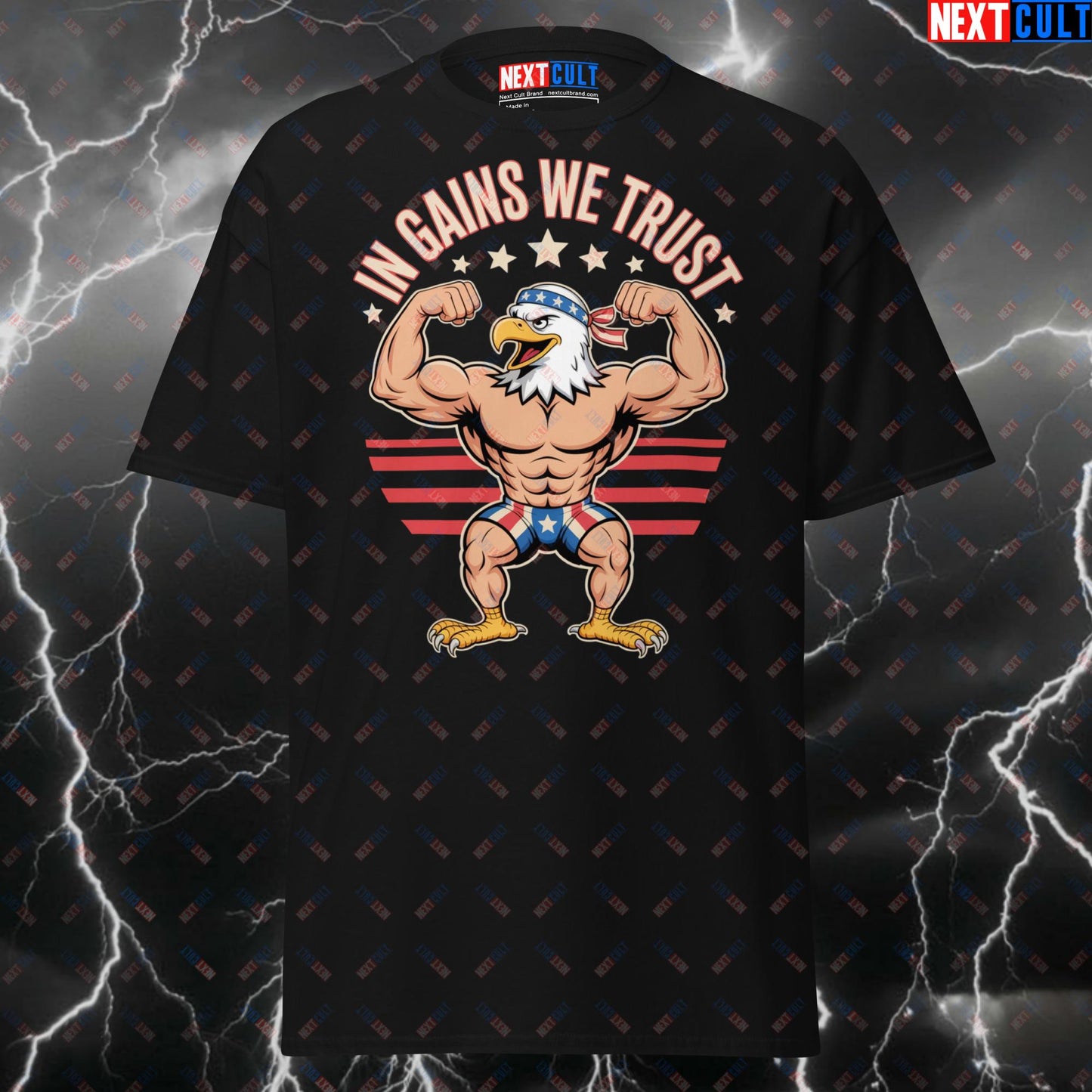 In Gains We Trust Patriotic Eagle Gym T-Shirt – Funny 4th of July Pump Cover Tee for Lifters & Gymbros (USA Pride Fitness Shirt) T-shirts 4th of July Bodybuilding Fitness Gym Pump Cover Workout Next Cult Brand