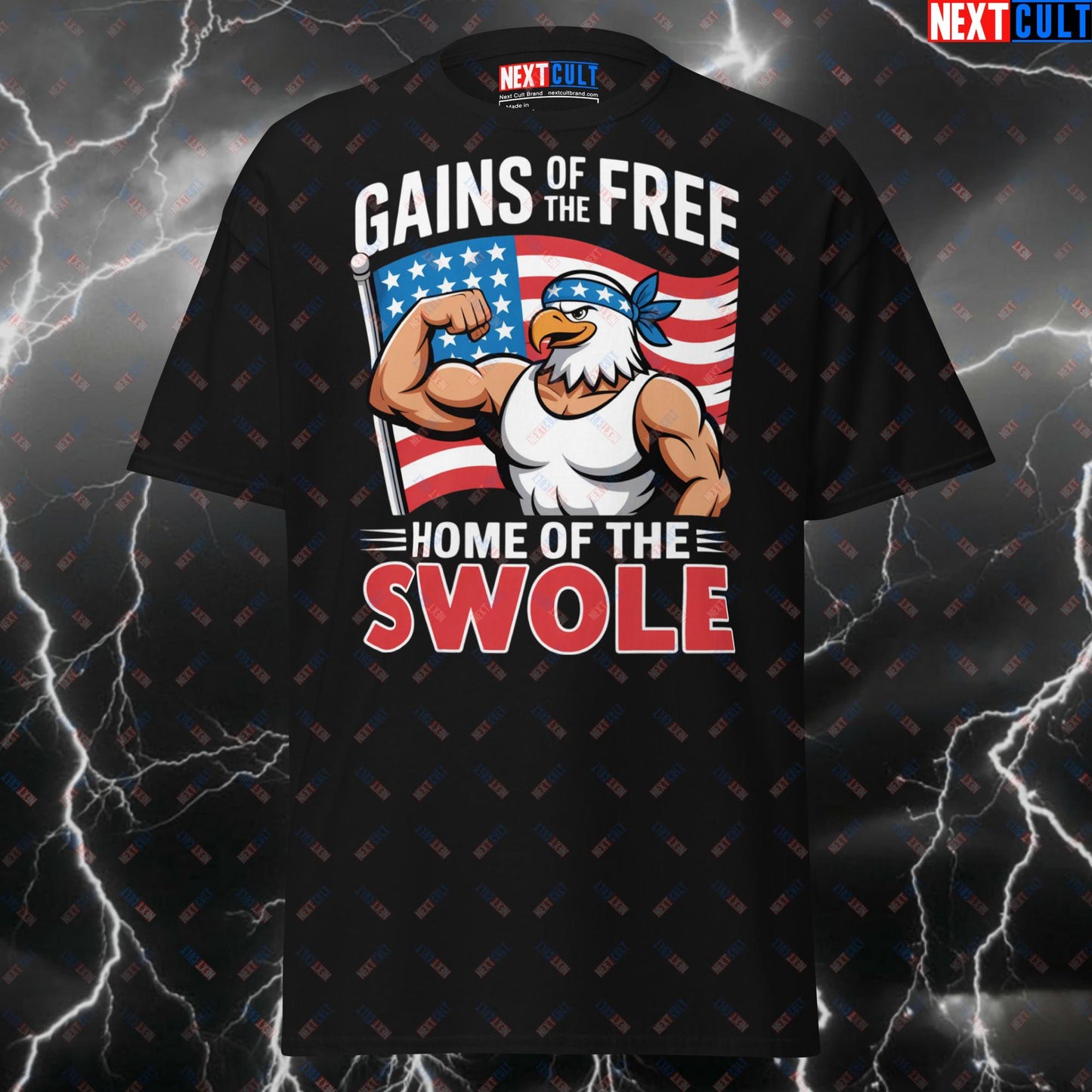 Gains of the Free Home of the Swole Patriotic Gym T-Shirt – Funny 4th of July Pump Cover Tee for Lifters & Gymbros T-shirts 4th of July Bodybuilding Fitness Gym Pump Cover Workout Next Cult Brand