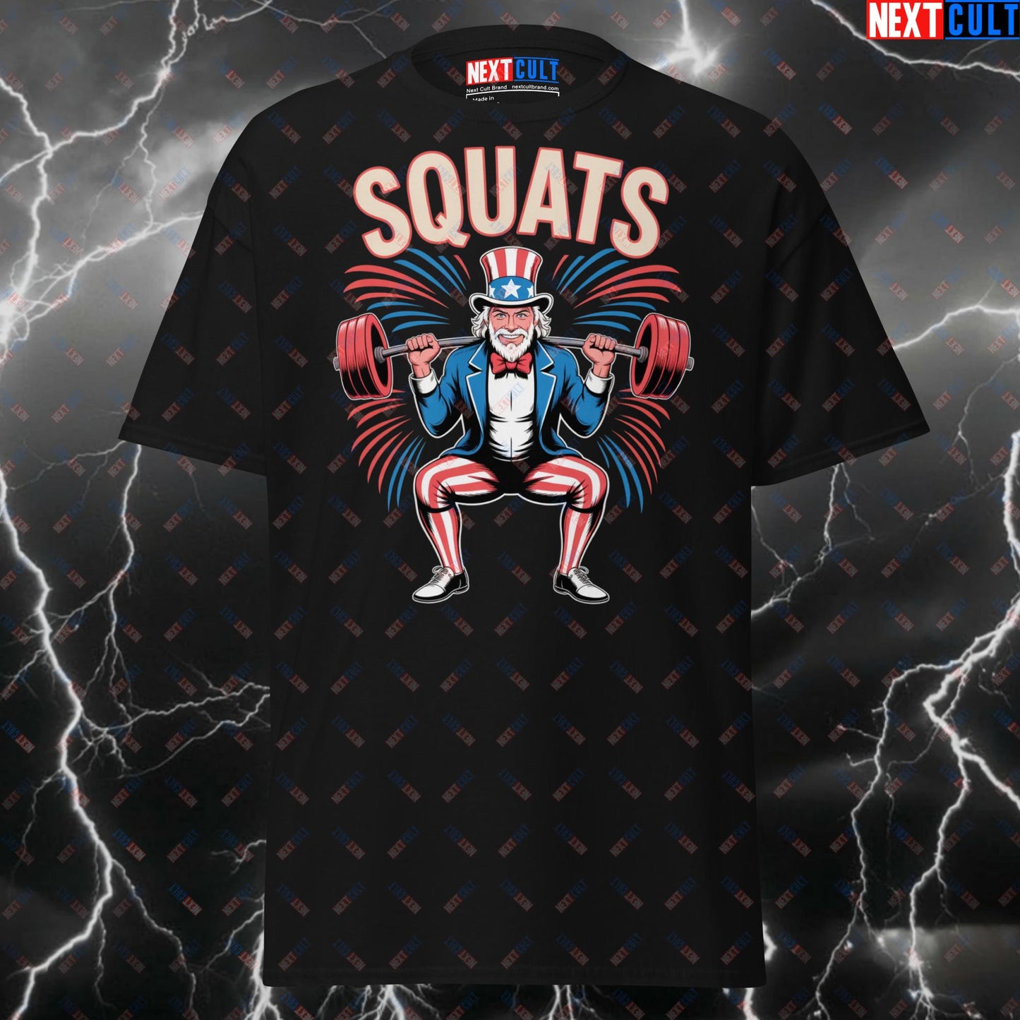 Funny Patriotic Gym T-Shirt - Uncle Sam Squats USA Meme Tee for 4th of July, Workout Pump Cover for Lifters & Gymbros T-shirts 4th of July Bodybuilding Fitness Gym Leg Day Powerlifting Pump Cover Uncle Sam Workout Next Cult Brand