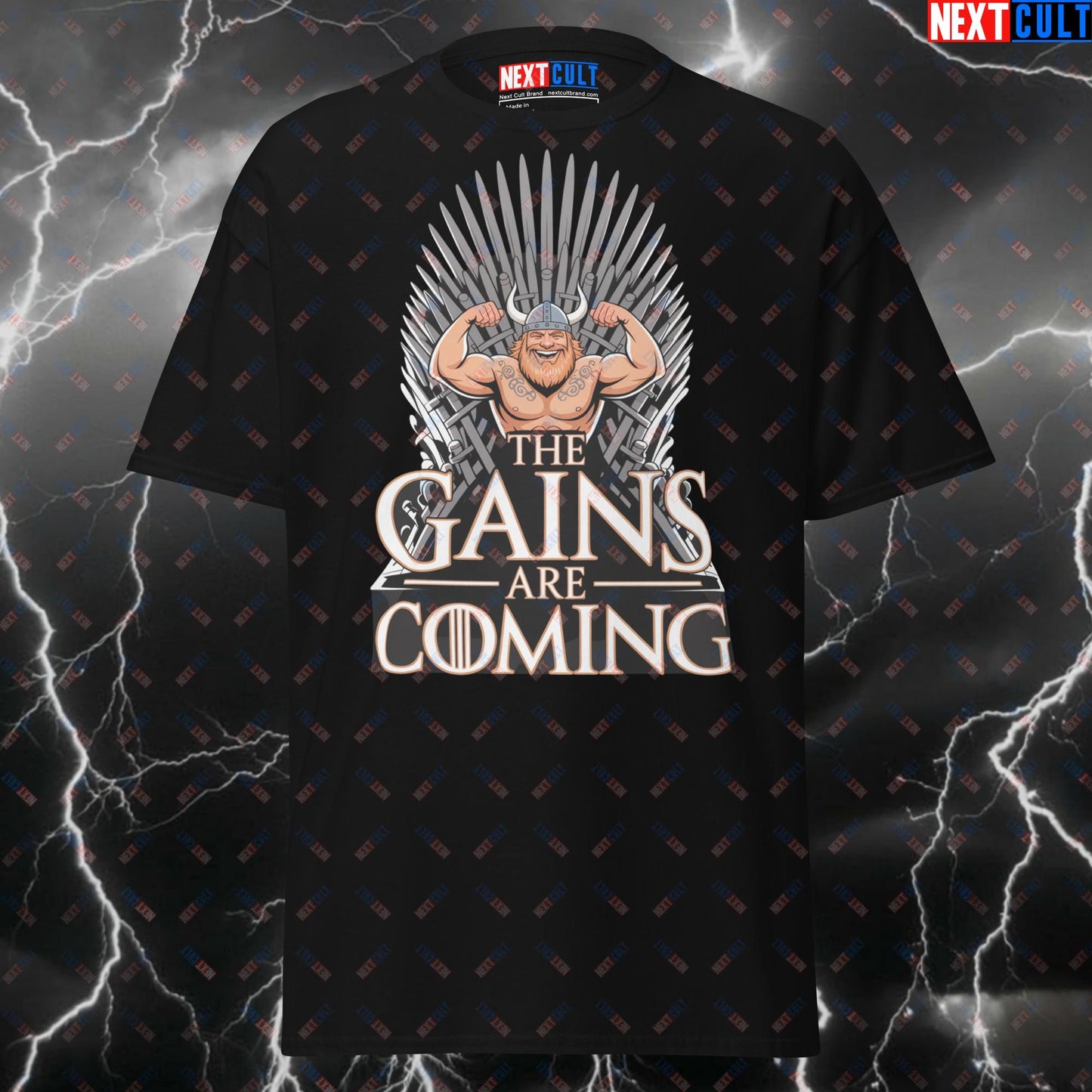 Funny Viking Gym T-Shirt - The Gains Are Coming Pump Cover Tee for Lifters & Gymbros - Norse Workout Meme Shirt T-shirts Bodybuilding Fitness Game of Thrones Gym Pump Cover TV Vikings Workout Next Cult Brand