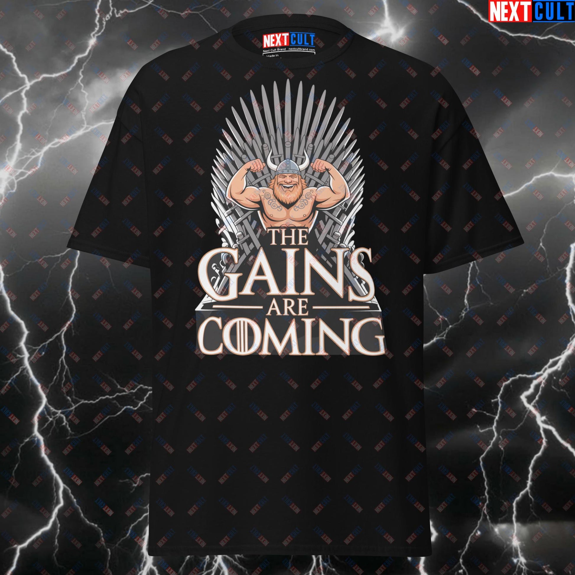 Funny Viking Gym T-Shirt - The Gains Are Coming Pump Cover Tee for Lifters & Gymbros - Norse Workout Meme Shirt T-shirts Bodybuilding Fitness Game of Thrones Gym Pump Cover TV Vikings Workout Next Cult Brand