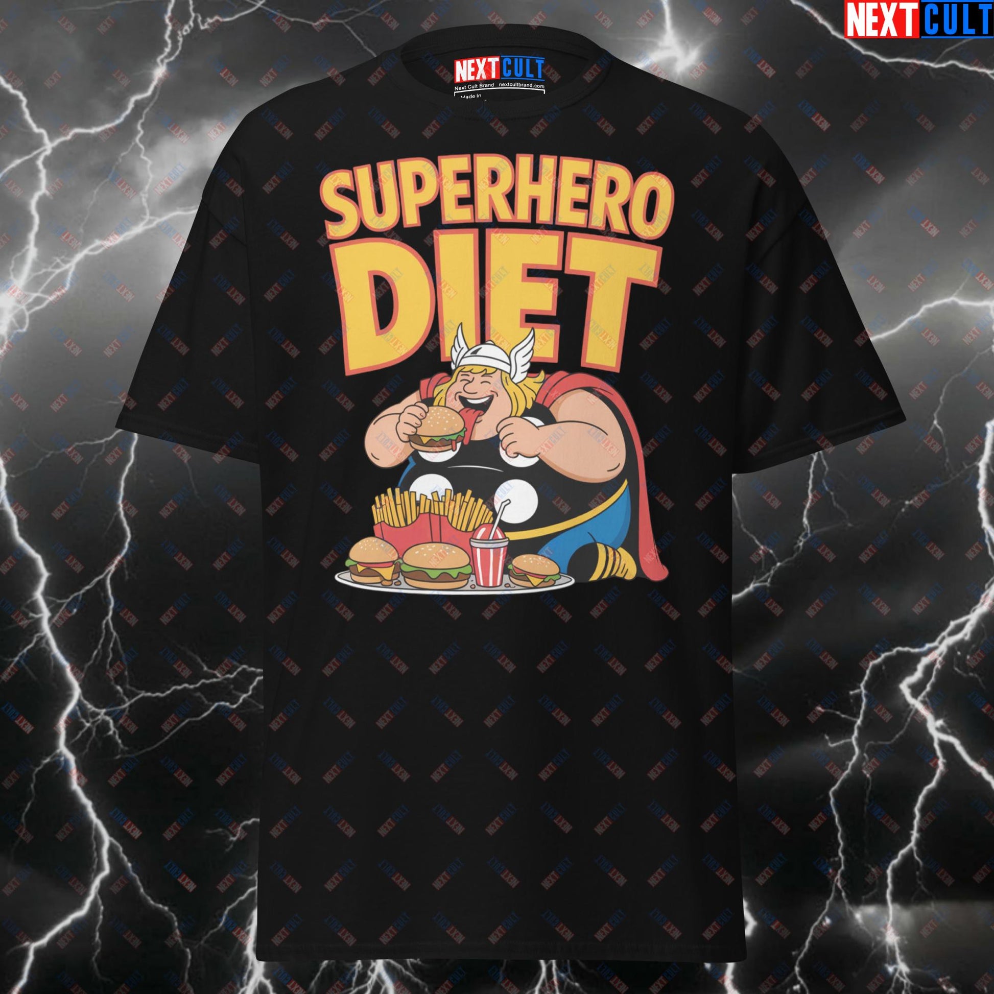 Superhero Diet Fat Thor Tee | Meme Workout Top for Lifters | Norse Gymbro Pump Cover T-shirts Avengers Bodybuilding Fast Food Films Fitness Gym Pump Cover Superheroes Thor Vikings Workout Next Cult Brand
