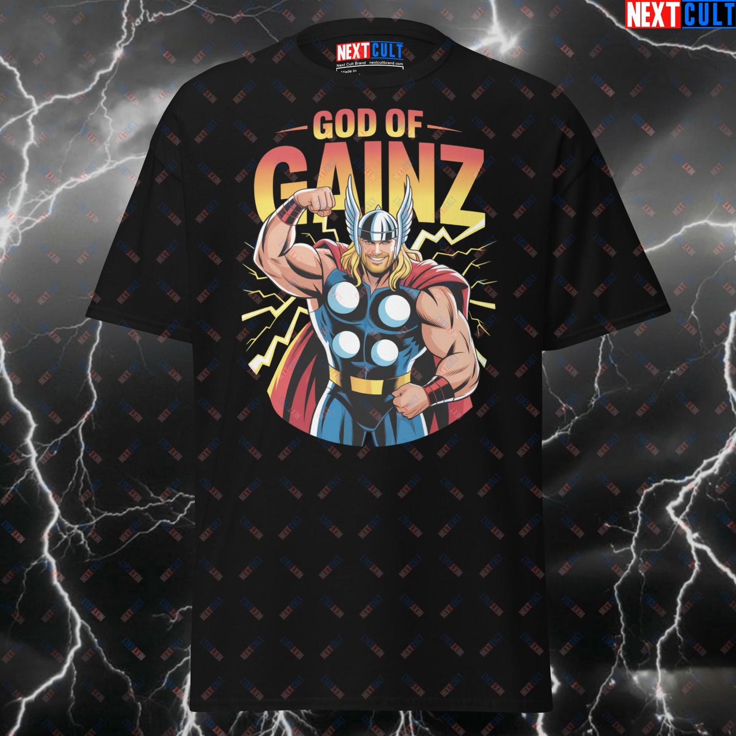 God of Gainz Viking Gym T-Shirt - Funny Thor Workout Tee for Lifters & Gymbros - Norse Fitness Pump Cover Top T-shirts Avengers Bodybuilding Films Fitness Gym Pump Cover Superheroes Thor Vikings Workout Next Cult Brand