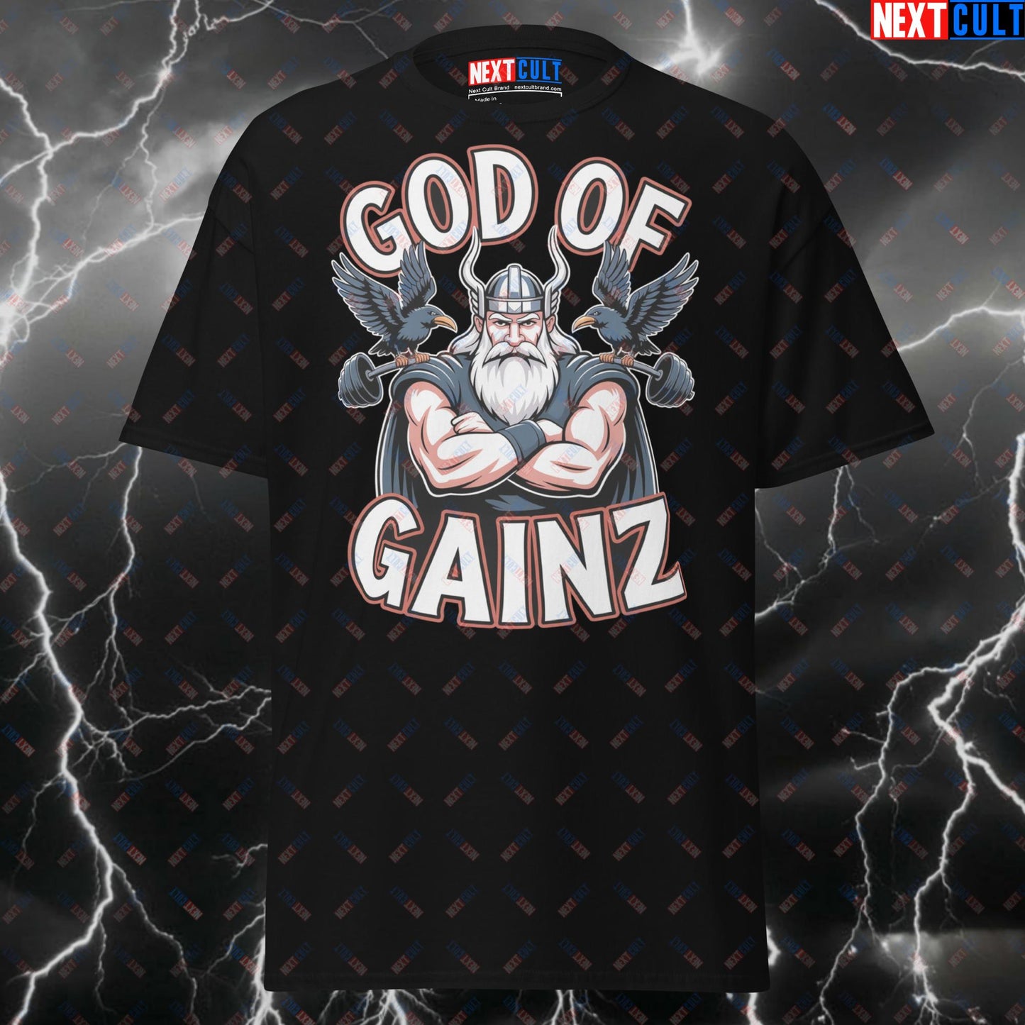 God of Gainz Viking Gym T-Shirt - Funny Norse Workout Tee for Lifters & Gymbros - Pump Cover Fitness Shirt T-shirts Bodybuilding Fitness Gym Pump Cover Vikings Workout Next Cult Brand