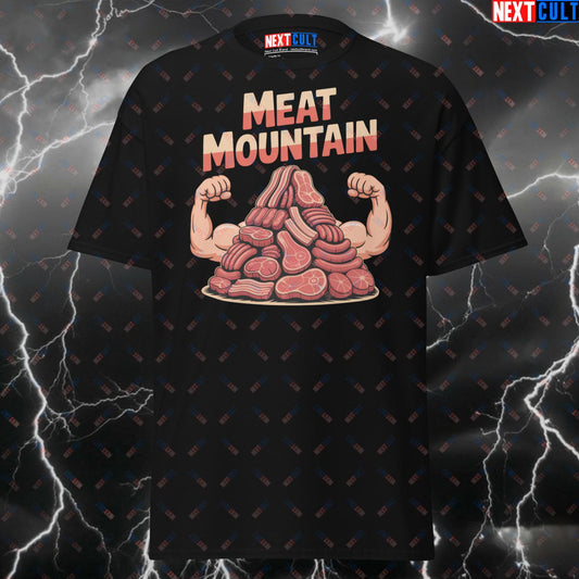 Meat Mountain Gym Shirt - Funny Pump Cover Tee for Lifters, Steak & Sausage Meme T-Shirt for Gym Bros & Fitness Gains T-shirts Bodybuilding Fast Food Fitness Gym Pump Cover Workout Next Cult Brand