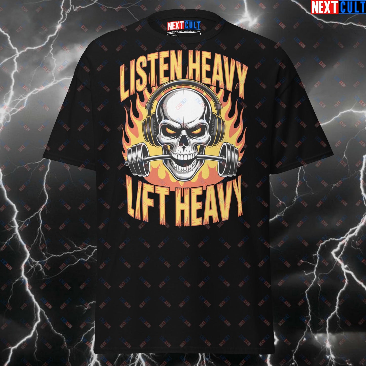 Listen Heavy Lift Heavy Gym T-Shirt - Funny Heavy Metal Workout Tee for Lifters & Gymbros - Pump Cover Fitness Top T-shirts Bodybuilding Fitness Gym Powerlifting Pump Cover Rock Music Workout Next Cult Brand