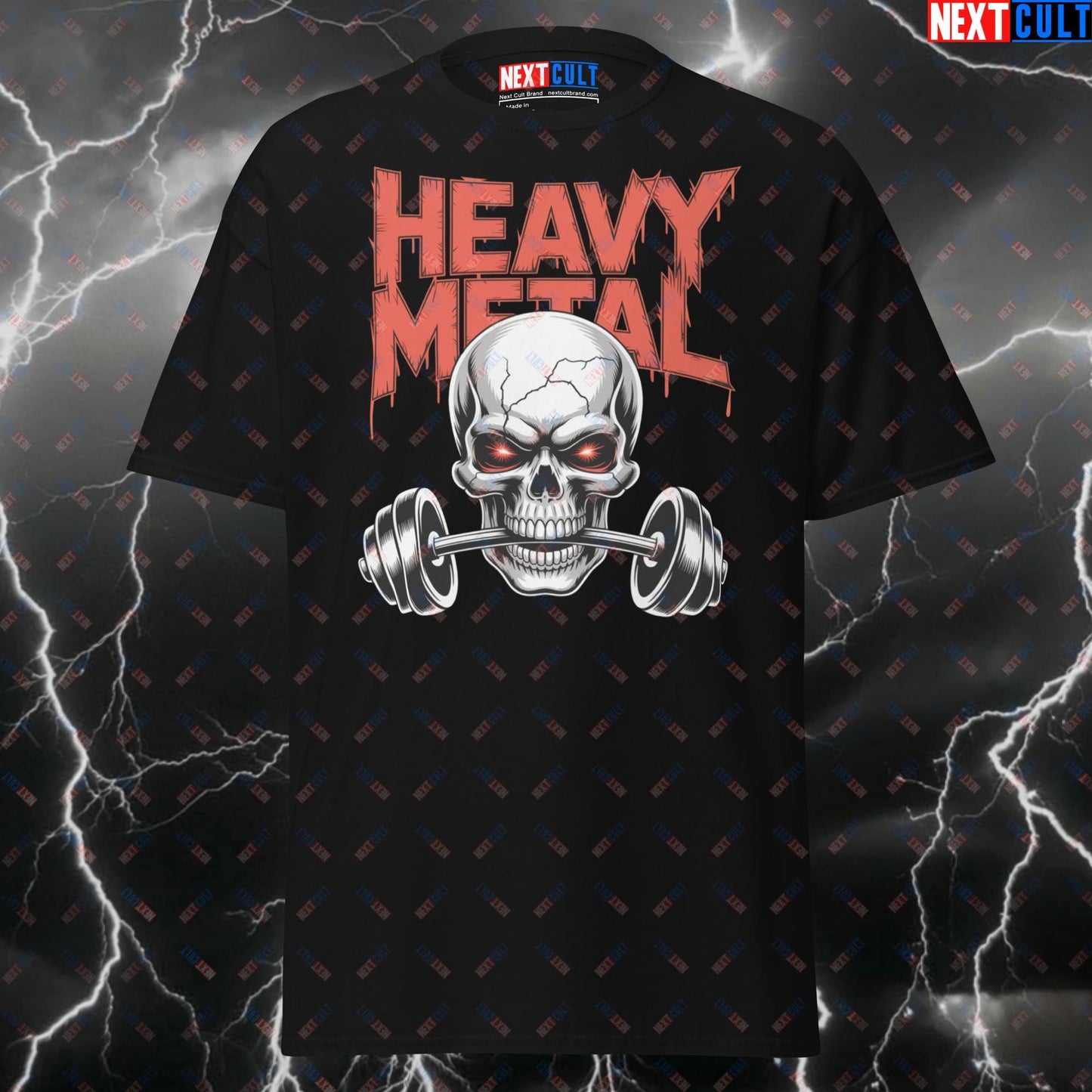Heavy Metal Gym Skull T-Shirt - Funny Gymbro Pump Cover Tee for Workout & Powerlifting Gains T-shirts Bodybuilding Fitness Gym Powerlifting Pump Cover Rock Music Workout Next Cult Brand
