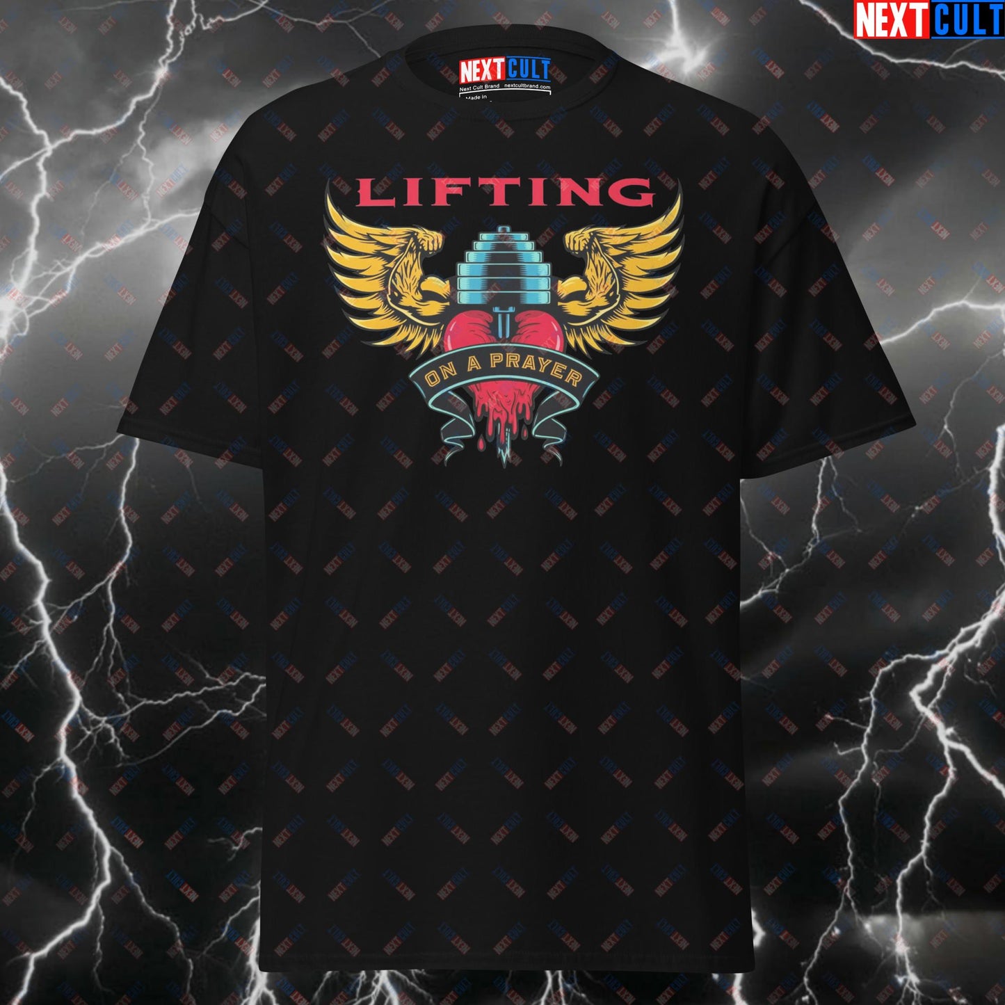 Lifting on a Prayer Bon Jovi Meme Tee for Gymbros, Workout Pump Cover & Fitness Gains T-Shirt T-shirts Bodybuilding Fitness Gym Powerlifting Pump Cover Rock Music Workout Next Cult Brand