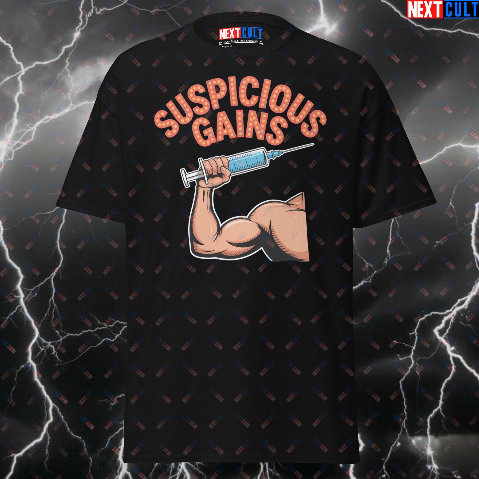 Suspicious Gains Funny Gym T-Shirt – Not Natty Elvis Rock & Roll Pump Cover Tee for Gymbros & Lifters T-shirts Bodybuilding Elvis Presley Fitness Gym Natty Pump Cover Rock Music Steroids Workout Next Cult Brand