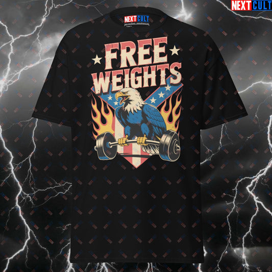 Patriotic Free Weights Pump Cover Tee | Lynyrd Skynyrd Rock Music Meme T-Shirt - Funny Gym Shirt for Lifters T-shirts 4th of July Bodybuilding Fitness Gym Lynyrd Skynyrd Powerlifting Pump Cover Rock Music Workout Next Cult Brand