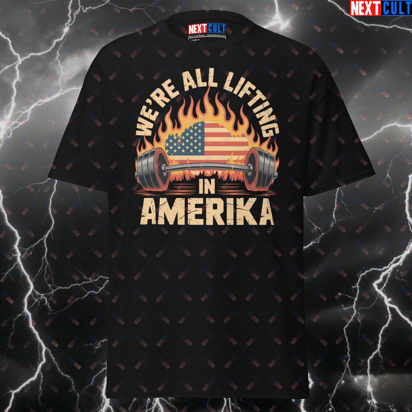 We're All Lifting In Amerika Gym Shirt - Funny Rammstein Gymbro Tee for Powerlifting, Bodybuilding & Gains - Pump Cover Workout Top T-shirts 4th of July Bodybuilding Fitness Gym Pump Cover Rammstein Rock Music Workout Next Cult Brand