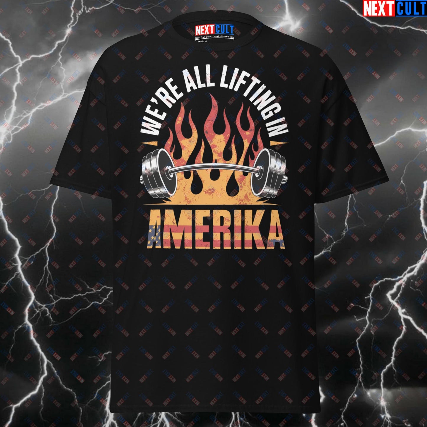 We're All Lifting In Amerika Patriotic Rammstein Tee - German Industrial Metal Pump Cover for Gymbros - Funny Gym Shirt T-shirts 4th of July Bodybuilding Fitness Gym Pump Cover Rammstein Rock Music Workout Next Cult Brand