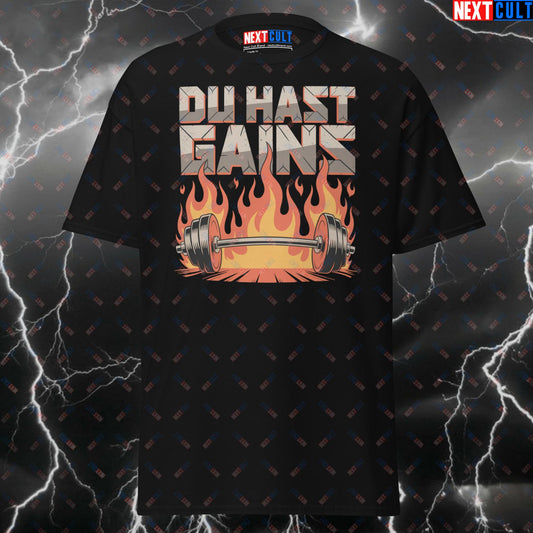 Du Hast Gains T-Shirt - Funny Rammstein Gym Meme Tee for Lifters, Pump Cover Workout Top for German Metal Fans T-shirts Bodybuilding Fitness Gym Powerlifting Pump Cover Rammstein Rock Music Workout Next Cult Brand