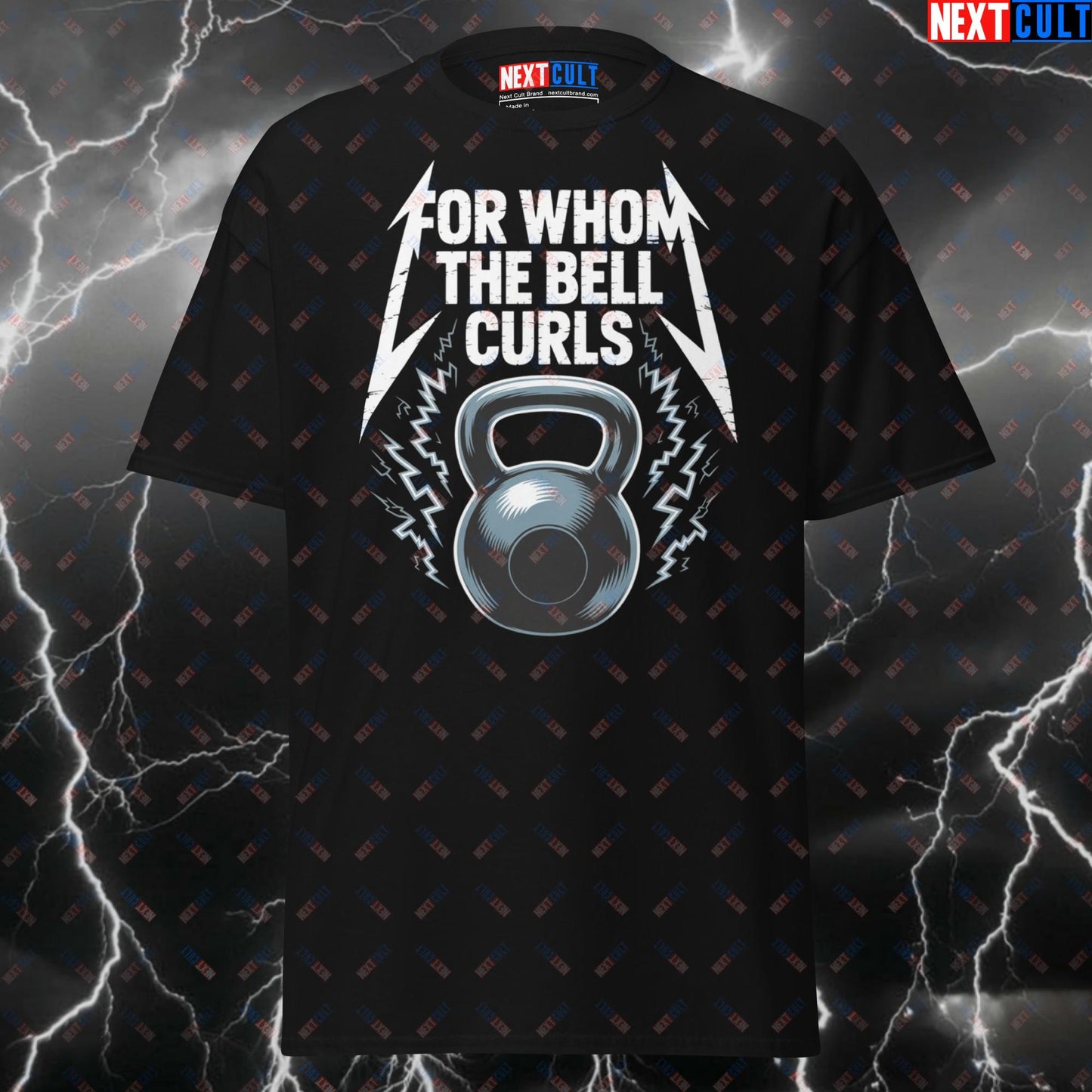 For Whom The Bell Curls Kettlebell Tee - Heavy Metal Pump Cover for Lifters & Gymbros - Fitness Meme T-Shirt - Funny Gym Shirt T-shirts Bodybuilding Fitness Functional Fitness Gym Kettlebell Metallica Pump Cover Rock Music Workout Next Cult Brand