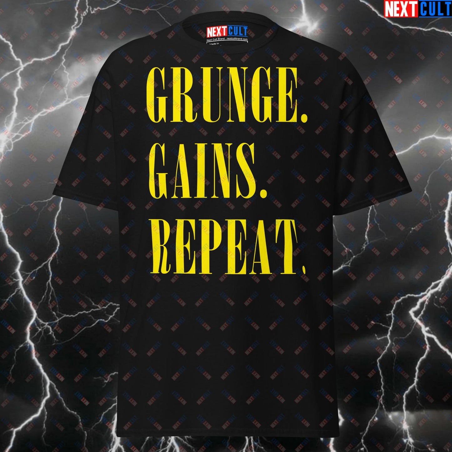 Grunge Gains Repeat Funny Gym Shirt – Nirvana Inspired Pump Cover Tee for Gymbros & Powerlifting Meme Lovers T-shirts Bodybuilding Fitness Gym Nirvana Pump Cover Rock Music Workout Next Cult Brand