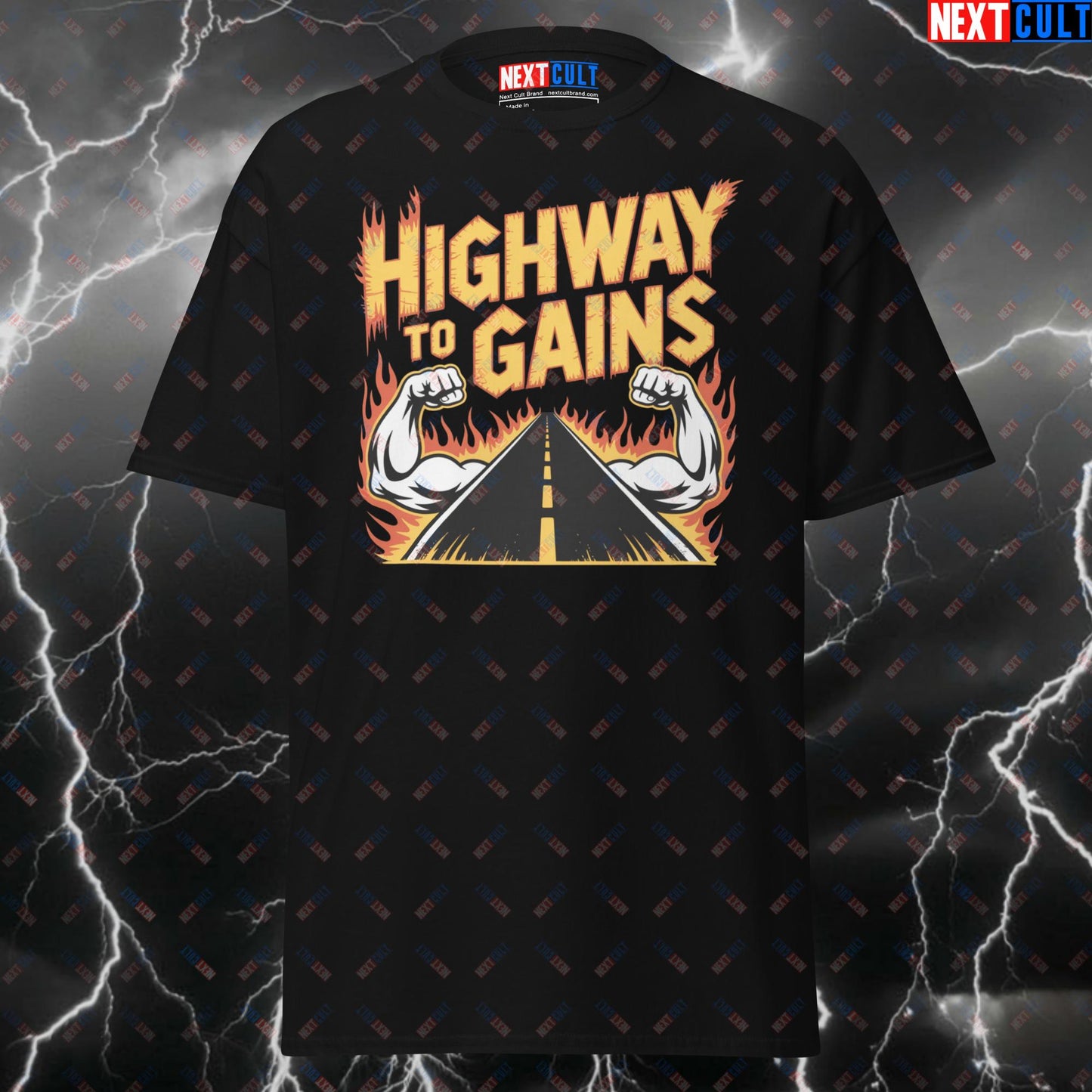 Highway To Gains Gym T-Shirt - Funny AC/DC Rock Music Workout Tee for Lifters & Gymbros - Pump Cover Meme Shirt T-shirts AC/DC Bodybuilding Fitness Gym Pump Cover Rock Music Workout Next Cult Brand