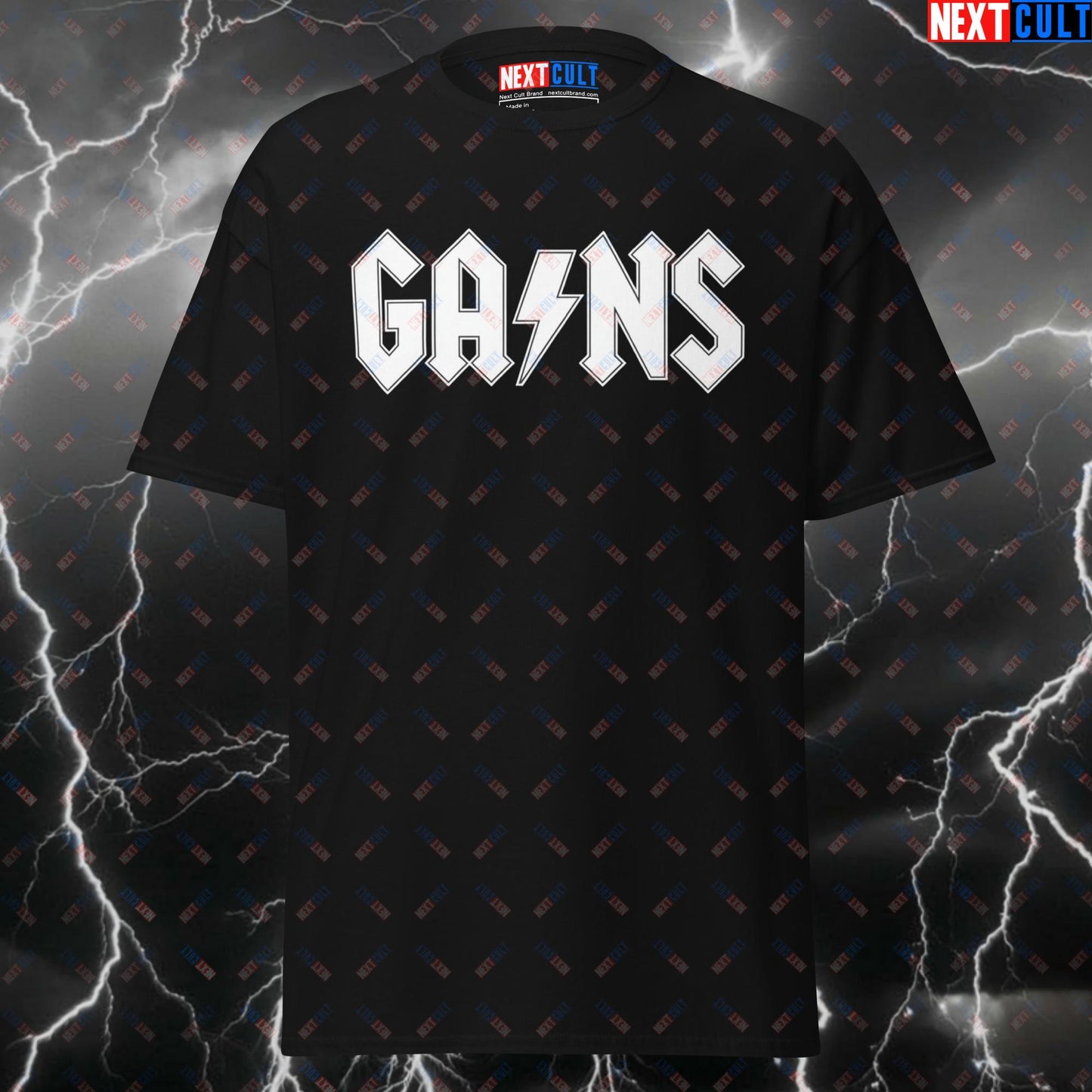 GAINS Gym T-Shirt - Funny AC/DC Rock Music Pump Cover Tee for Lifters, Gymbros & Powerlifting Meme Fans T-shirts AC/DC Bodybuilding Fitness Gym Pump Cover Rock Music Workout Next Cult Brand
