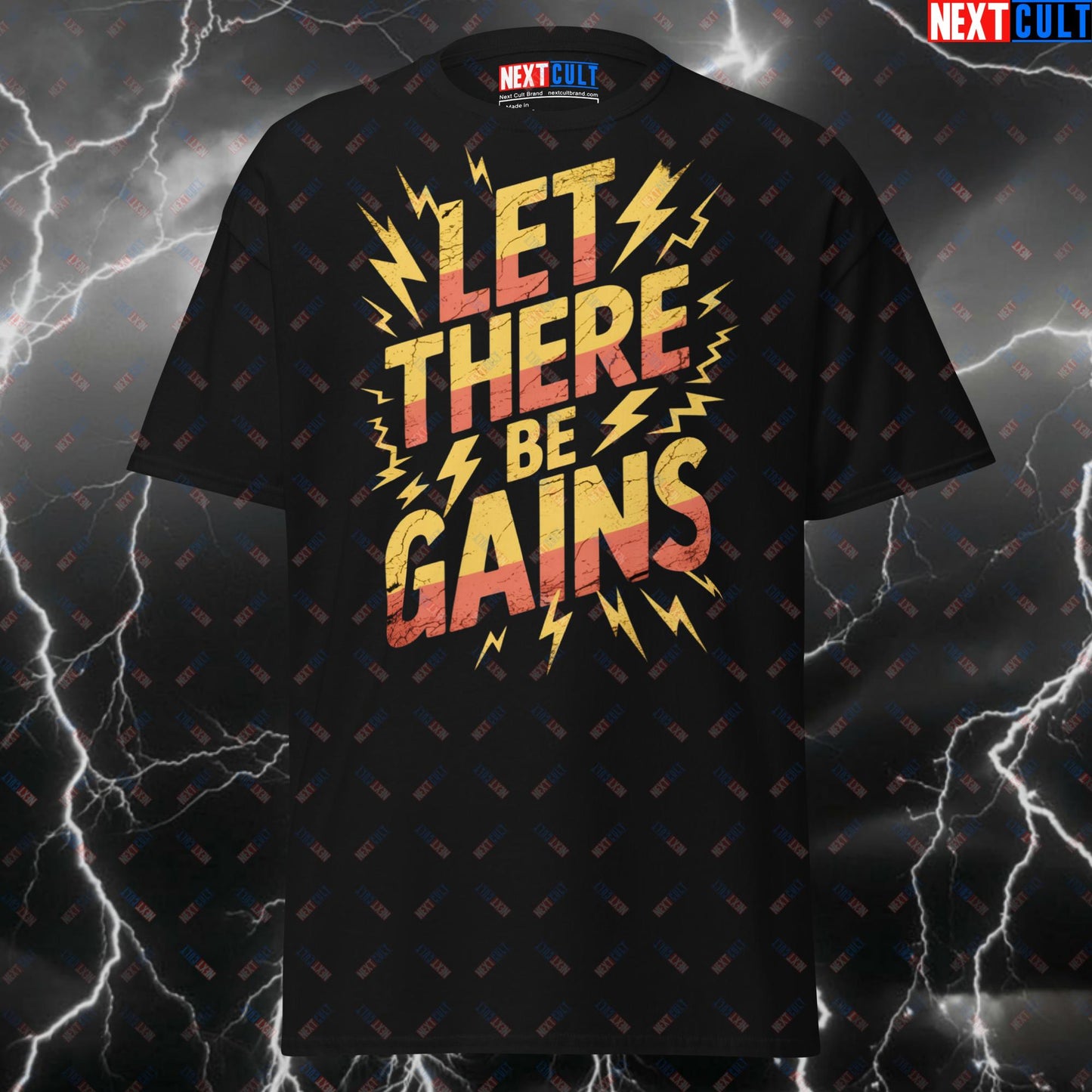 Let There Be Gains Funny Gym Shirt - AC/DC Rock Music Workout Tee for Lifters & Gymbros - Pump Cover Meme T-Shirt T-shirts AC/DC Bodybuilding Fitness Gym Pump Cover Rock Music Workout Next Cult Brand