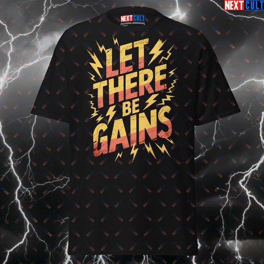 Let There Be Gains Funny Gym Shirt - AC/DC Rock Music Workout Tee for Lifters & Gymbros - Pump Cover Meme T-Shirt T-shirts AC/DC Bodybuilding Fitness Gym Pump Cover Rock Music Workout Next Cult Brand