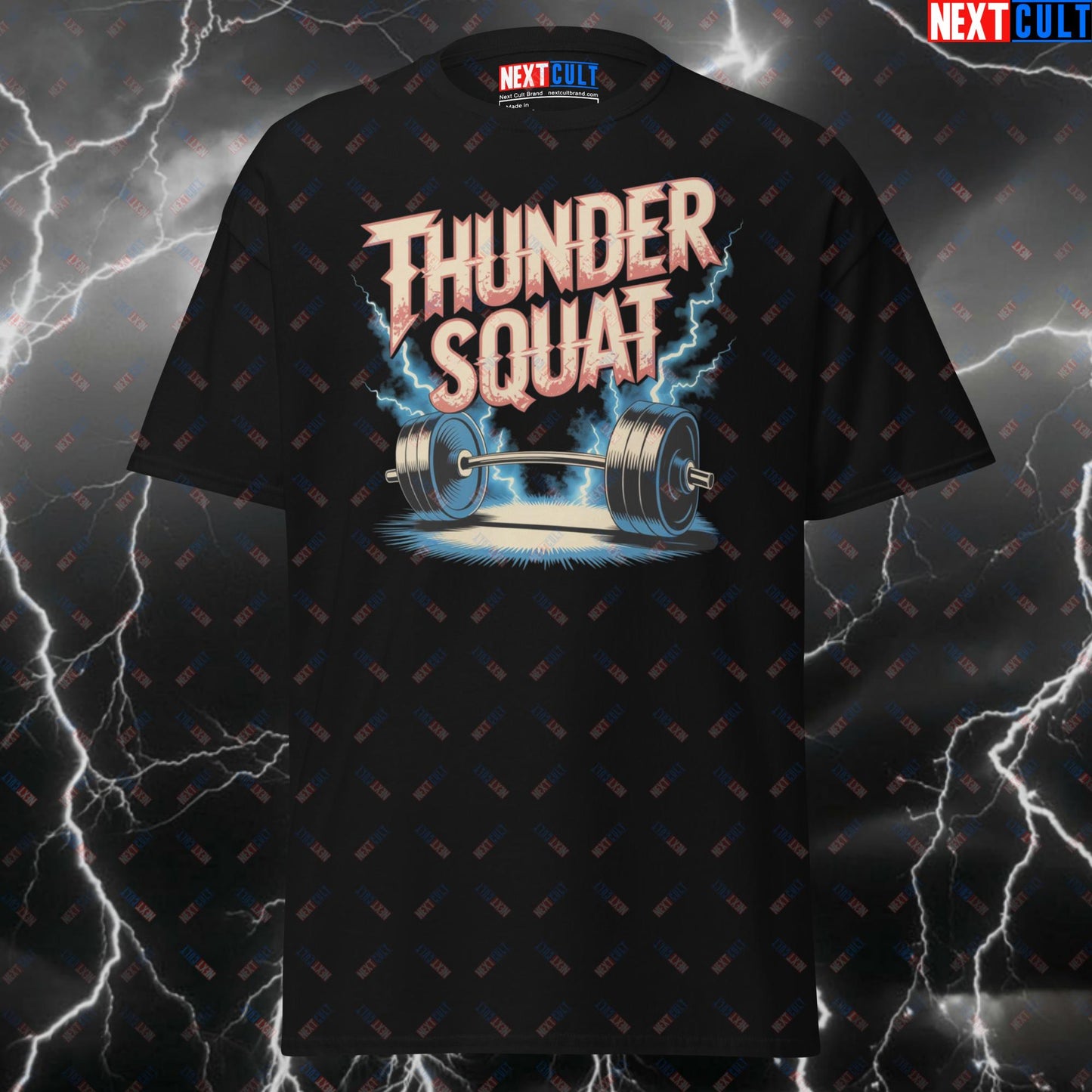 Thundersquat Funny Gym T-Shirt - AC/DC Rock Music Workout Tee for Lifters, Gymbro Pump Cover & Meme Fitness Top T-shirts AC/DC Bodybuilding Fitness Gym Leg Day Powerlifting Pump Cover Rock Music Workout Next Cult Brand