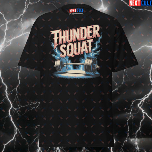 Thundersquat Funny Gym T-Shirt - AC/DC Rock Music Workout Tee for Lifters, Gymbro Pump Cover & Meme Fitness Top T-shirts AC/DC Bodybuilding Fitness Gym Leg Day Powerlifting Pump Cover Rock Music Workout Next Cult Brand